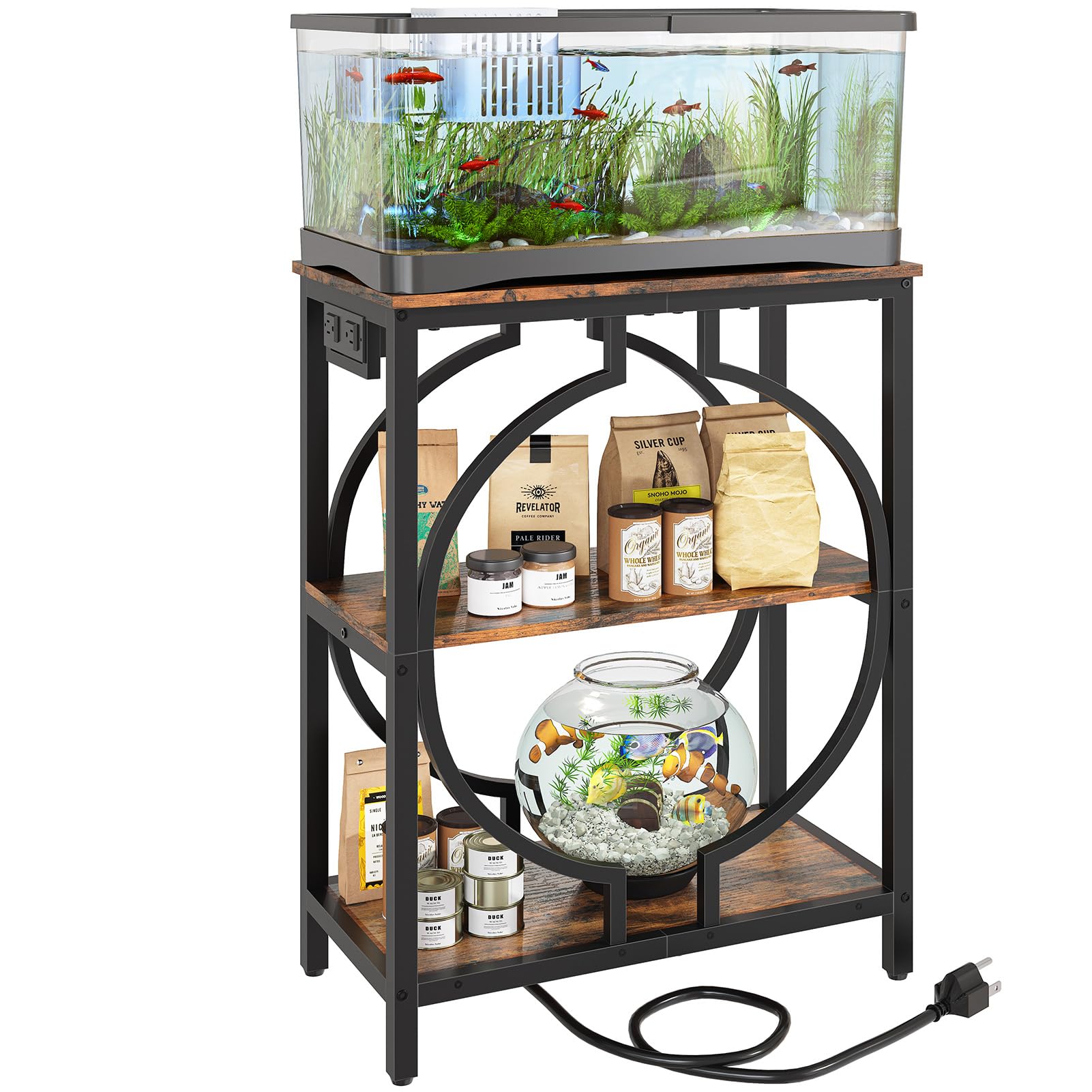 HavenlyYouth 10 Gallon Aquarium Stand with Power Outlet, 3 Tier Heavy Duty Metal Fish Tank Stand with Storage, Fish Tank Table for Home Office, 21.3" x 11.8" x 29", Rustic Brown