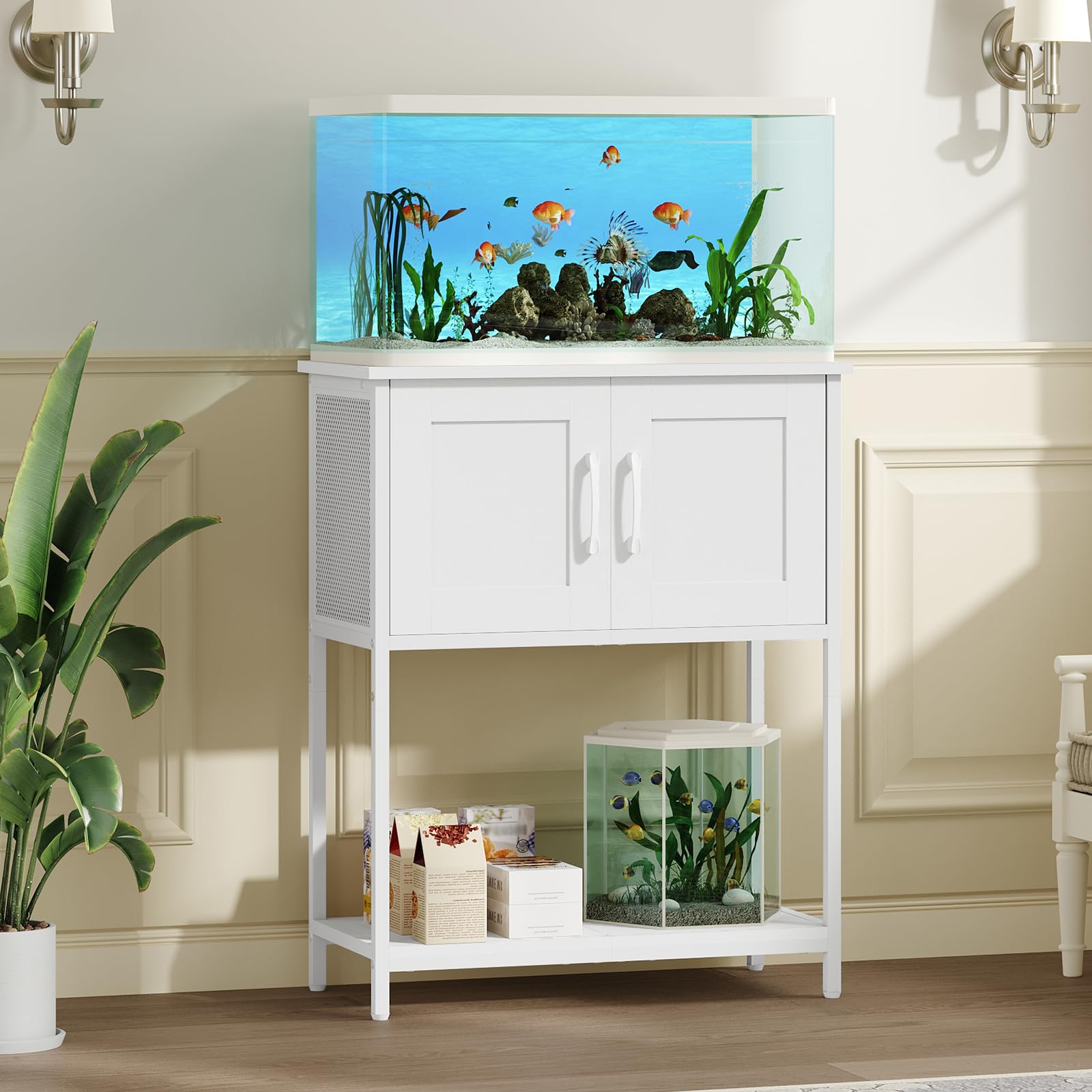 MAHANCRIS 10 Gallon Fish Tank Stand, Metal Frame Aquarium Stand, Cabinet for Fish Tank Accessories Storage, Heavy Duty Reptile Turtle Tank Stand for Home Office, 23.6" L x 11.8" W, White FTWT2101
