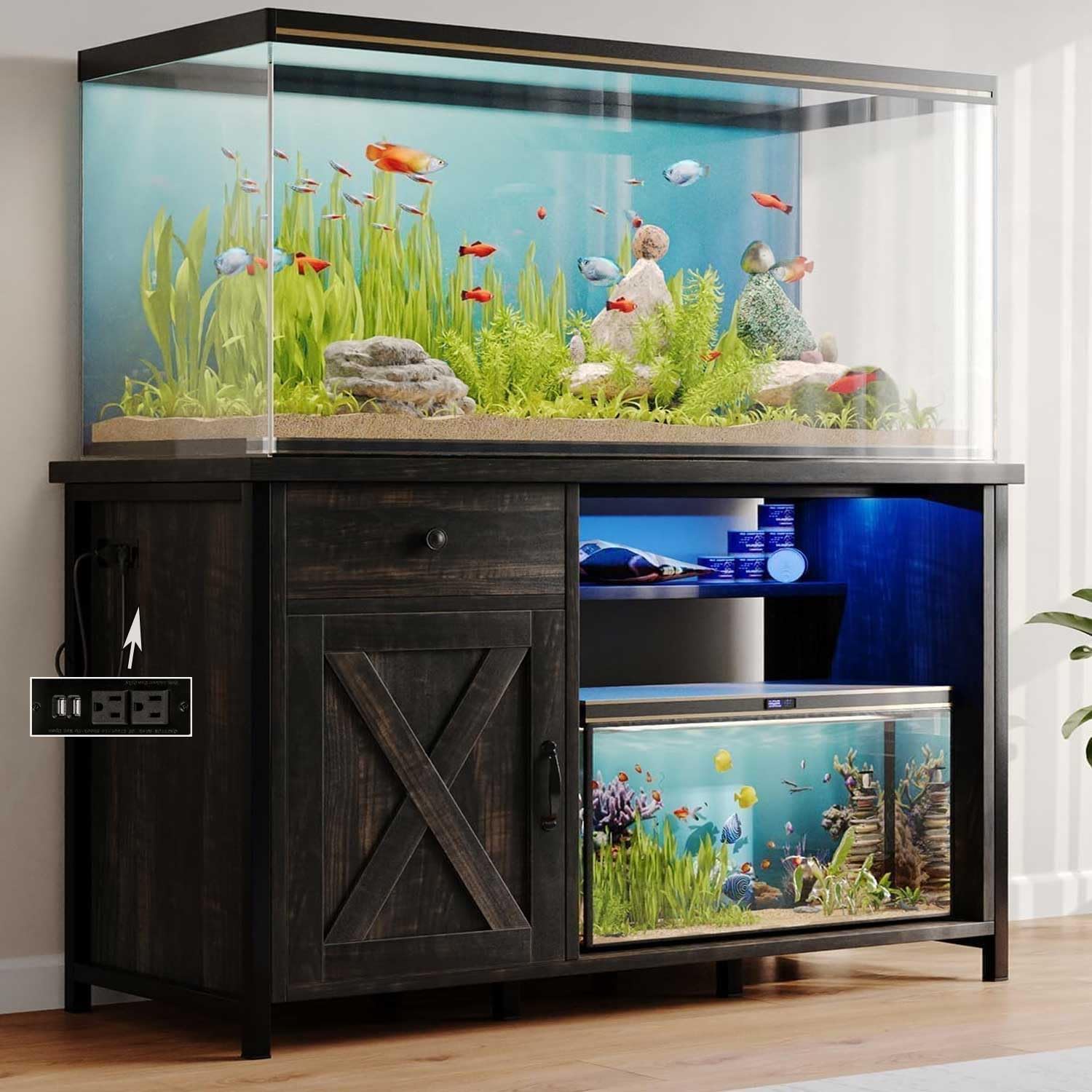 4ever2buy 55-75 Gallon Fish Tank Stand with Power Outlets, LED Light, Heavy Duty Aquarium Stand with Cabinet for Fish Tank Accessories Storage, for Turtle Tank, Reptile Terrarium, 1100LBS, Oak