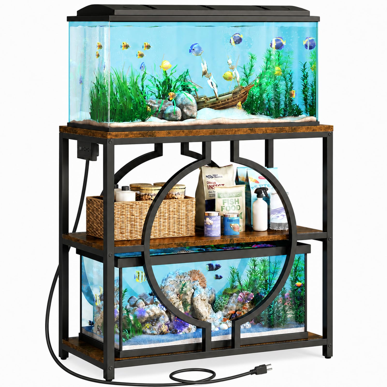 HavenlyYouth 20-29 Gallon Aquarium Stand with Power Outlet, 3 Tier Heavy Duty Metal Fish Tank Stand with Storage Shelf, Fish Tank Table for Home Office, 31.5" L x 15.7" W x 31.2" H, Rustic Brown