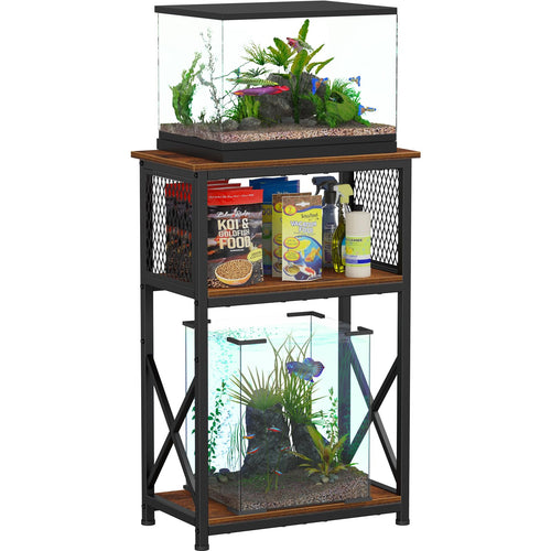 Snughome 10 Gallon Aquarium Stand, 3-Tier Storage Fish Tank Stand 220 lb Top, Fits 5/10 Gallon , Waterproof / Small Space, 20.47" x 11.42" x 30.91", Rustic Brown