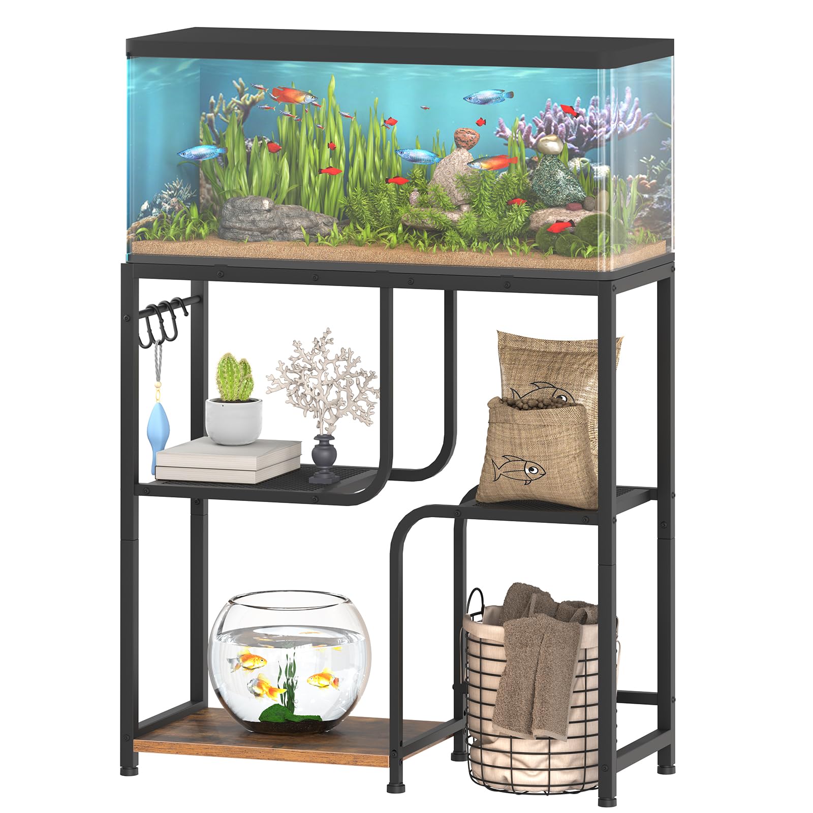 HOOBRO 20 Gallon Fish Tank Stand with Storage Shelves, Heavy Duty Aquarium Stand, Metal Frame Reptile Turtle Tank Stand, 29.9”L x 11.8”W, 254 LBS Capacity, Rustic Brown BF74FT01
