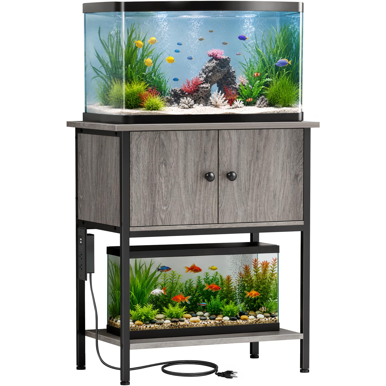20-29-30 Gallon Fish Tank Stand with Power Outlets, Metal Frame Aquarium Stand with Cabinet Storage, Reptile Turtle Tank Stand for Home Office up to 400 LBS, 27.6" L x 15.7" W x 32.3" H, Oak Grey