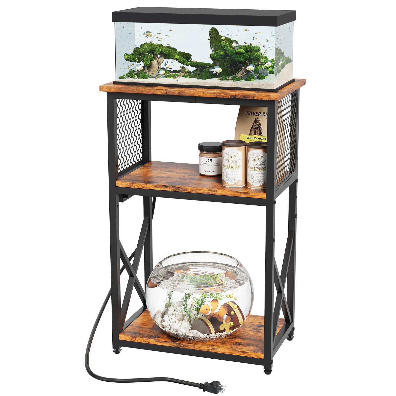 HavenlyYouth 10 Gallon Fish Tank Stand with Power Outlet, 3 Tier Aquarium Stand with Shelf, Turtle/Reptile Tank Stand for Home Office,Adjustable Boards, 20.47''L×11.42''W×30.91''H, Retro Brown
