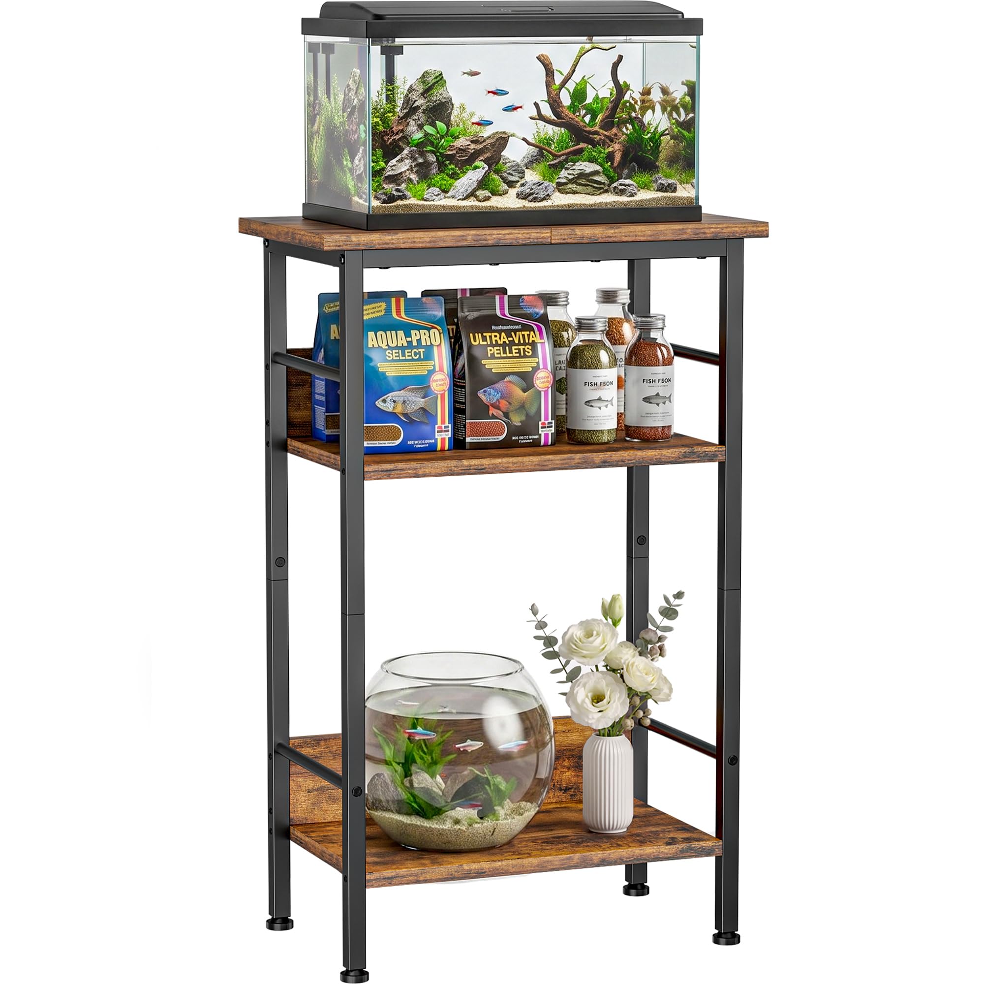 5-10 Gallon Aquarium Stand, 3-Tier Fish Tank Stand with Storage Shelves, Heavy Duty Terrarium Stand, Fish Tank Shelf, Reptile Turtle Tank Stand with Metal Frame for Home Office, Living room