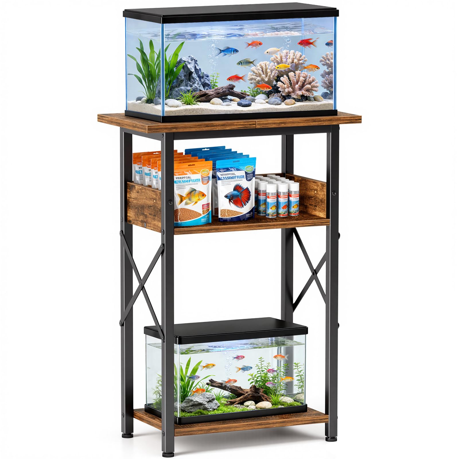 5-10 Gallon Fish Tank Stand with Storage Shelves, 3-Tier Aquarium Stand with Rust-Proof Metal Frame, Heavy Duty Waterproof Reptile Turtle Tank Stand for Home Office Up to 150LBS, 21.5" L x 11.5" W x 30" H, Rustic Brown