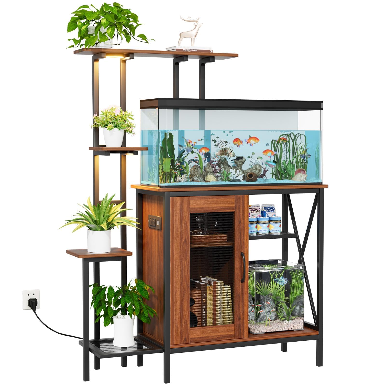 20-29 Gallon Fish Tank Stand with Plant Shelf, 2-in-1 Walnut Aquarium Stand