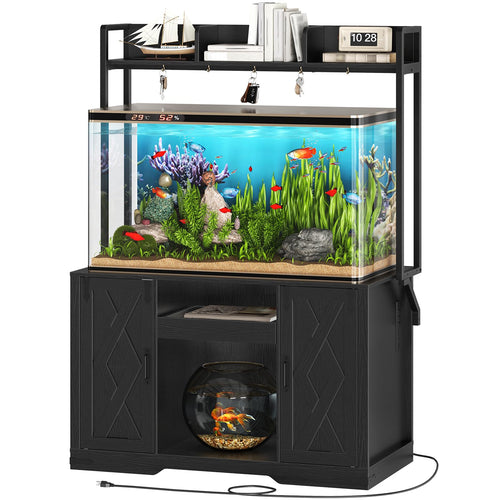 HOOBRO 120 Gal Aquarium Stand with Power Outlets, Heavy Duty Fish Tank Stand with Storage Cabinet, Reptile Tank Stand with Shelves, for Bearded Dragons, Turtle Stand for Living Room Black BK12UAC03