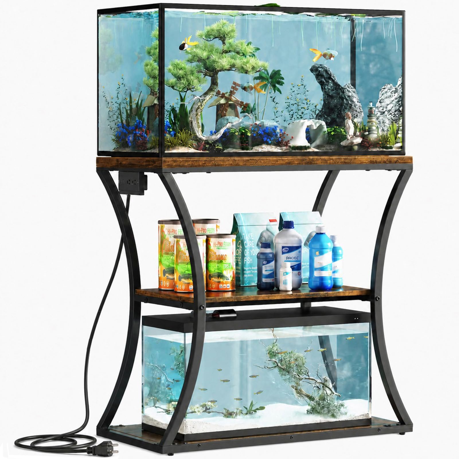 HavenlyYouth 20-29 Gallon Fish Tank Stand with Power Outlet, 3-Tier Aquarium Stand with Storage, Heavy Duty Metal Frame Tank Rack for Home Office, 31.5" L x 15.7" W x 30.4" H, Rustic Brown