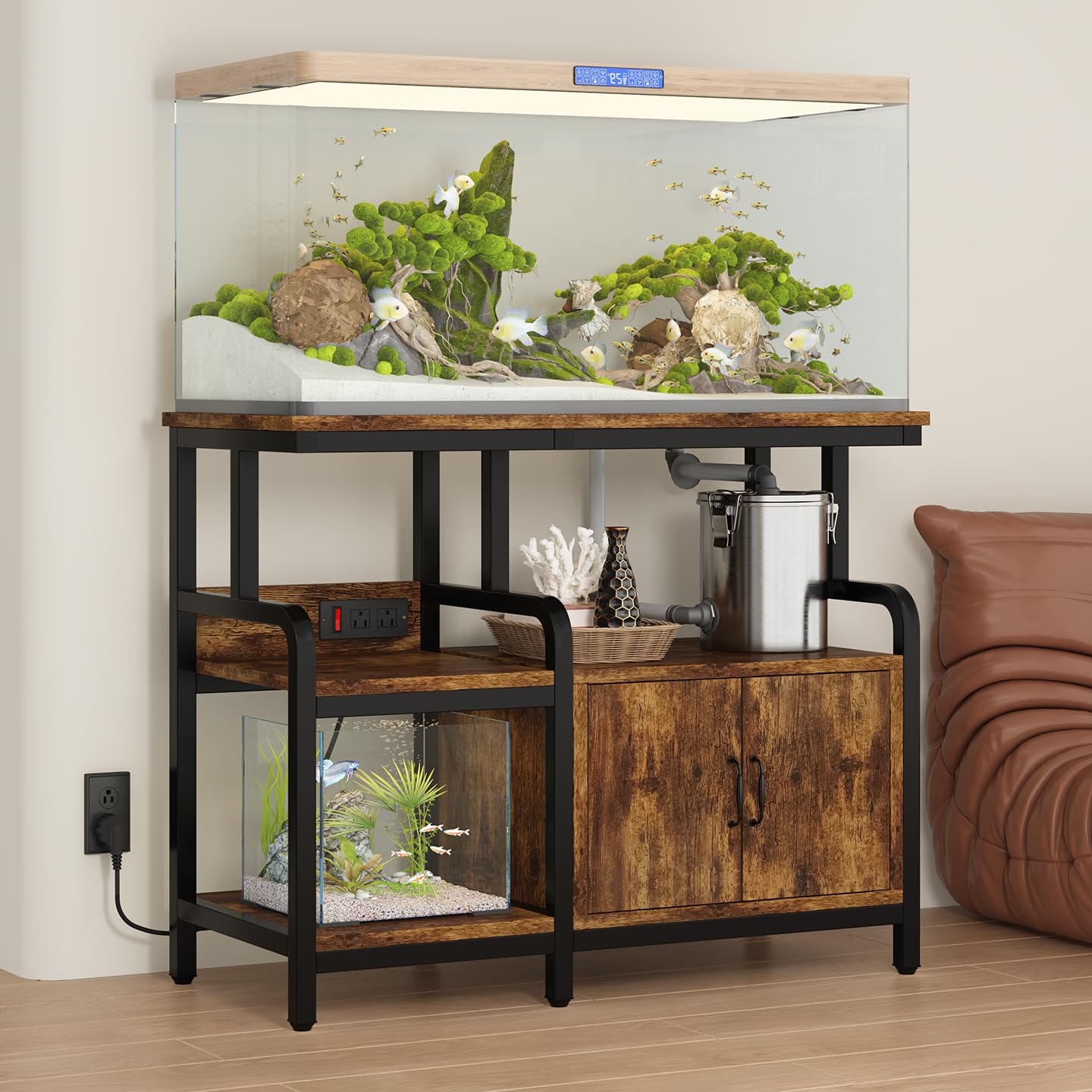 Multi-Tier Aquarium Stand for 20–37 Gallon Fish Tanks, Heavy-Duty 29/30/40 Gallon Fish Tank Stand with Storage Cabinet, Curved Safety Frame, Steel Frame 750 lbs Capacity, Reptile & Terrarium Tank Stand for Home Office