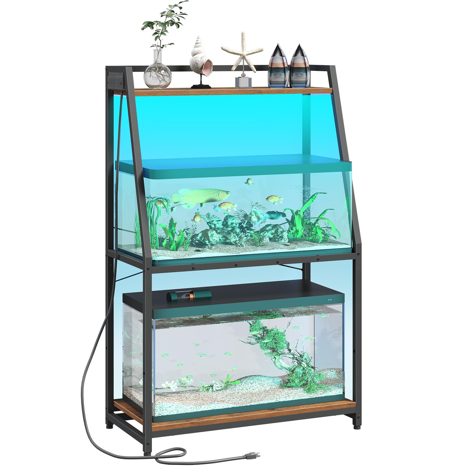 HOOBRO 20-29 Gallon Fish Tank Stand with Power Outlets and LED Light, Heavy Duty Aquarium Stand, Metal Frame Reptile Turtle Tank Stand, 33.1'' L x 15.7'' W, 300 LBS Capacity, Rustic Brown BF41UDFT01