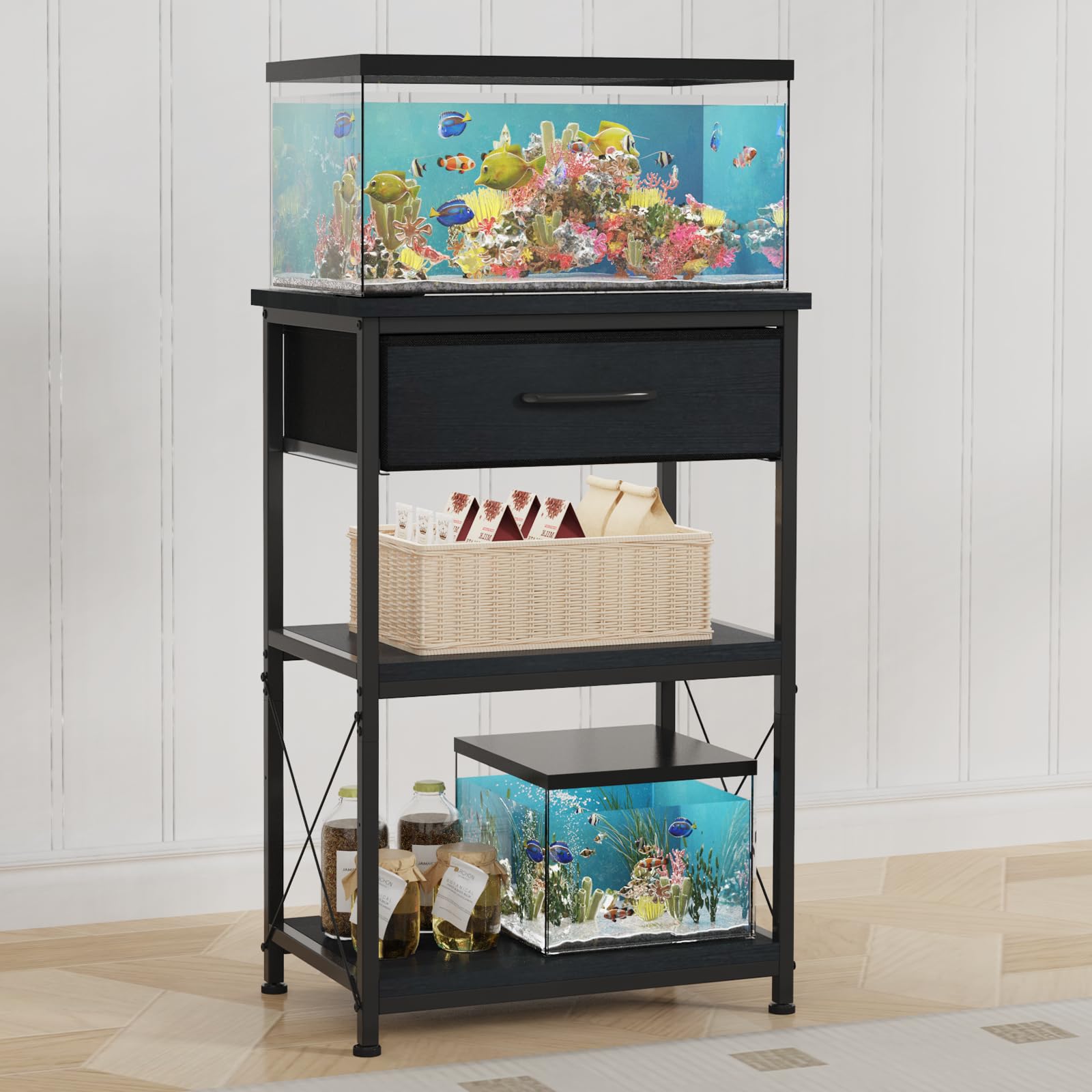 5-10 Gallon Fish Tank Stand with Adjustable Height and Drawer, Black