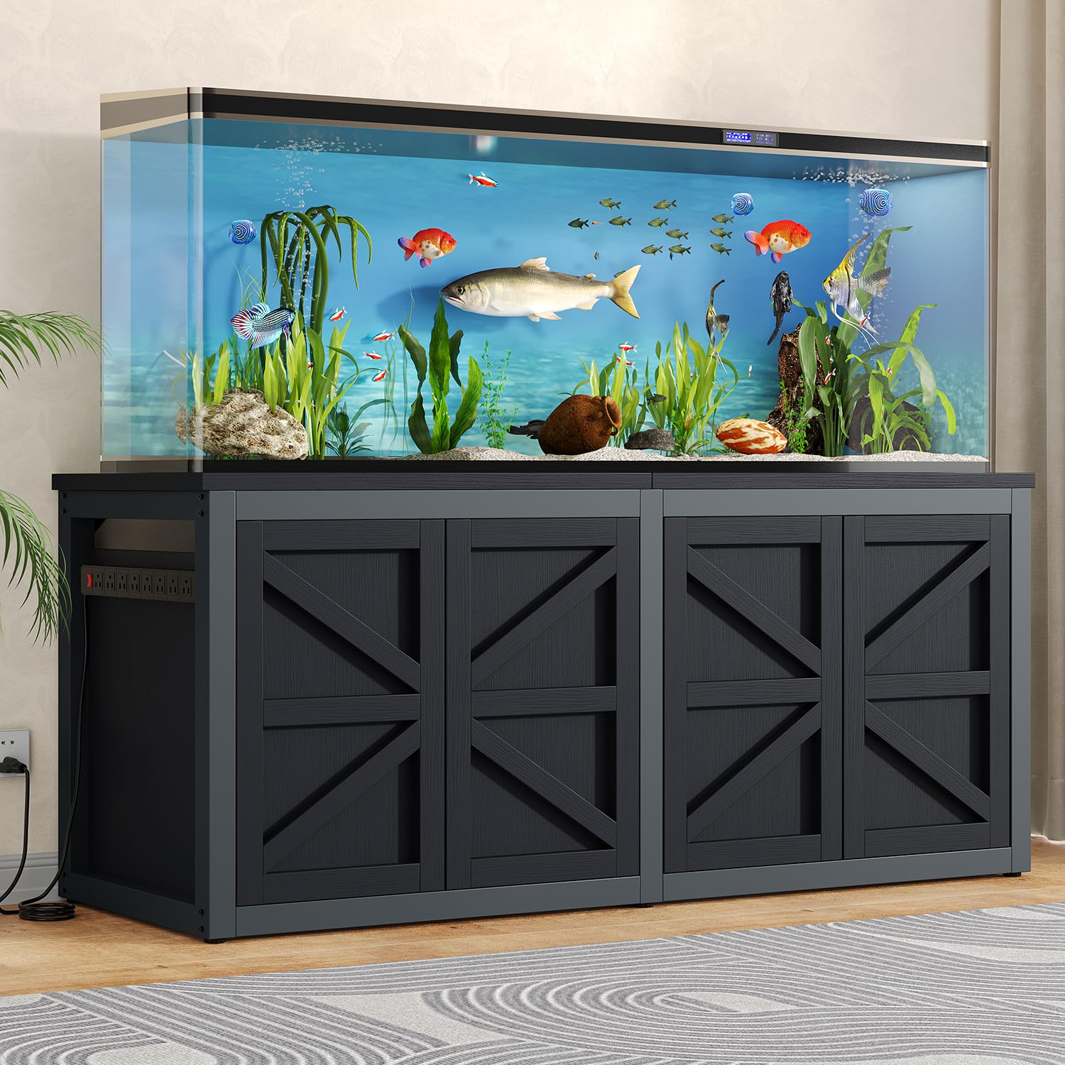 knoworld 180-200 Gallon Fish Tank Stand with Built-in Power Outlet, 3500 LBS Heavy Duty Aquarium Stand with Cabinet Storage for Sump Filter, Farmhouse Reptile Terrarium Base, 71.6" L x 23.6" W, Black