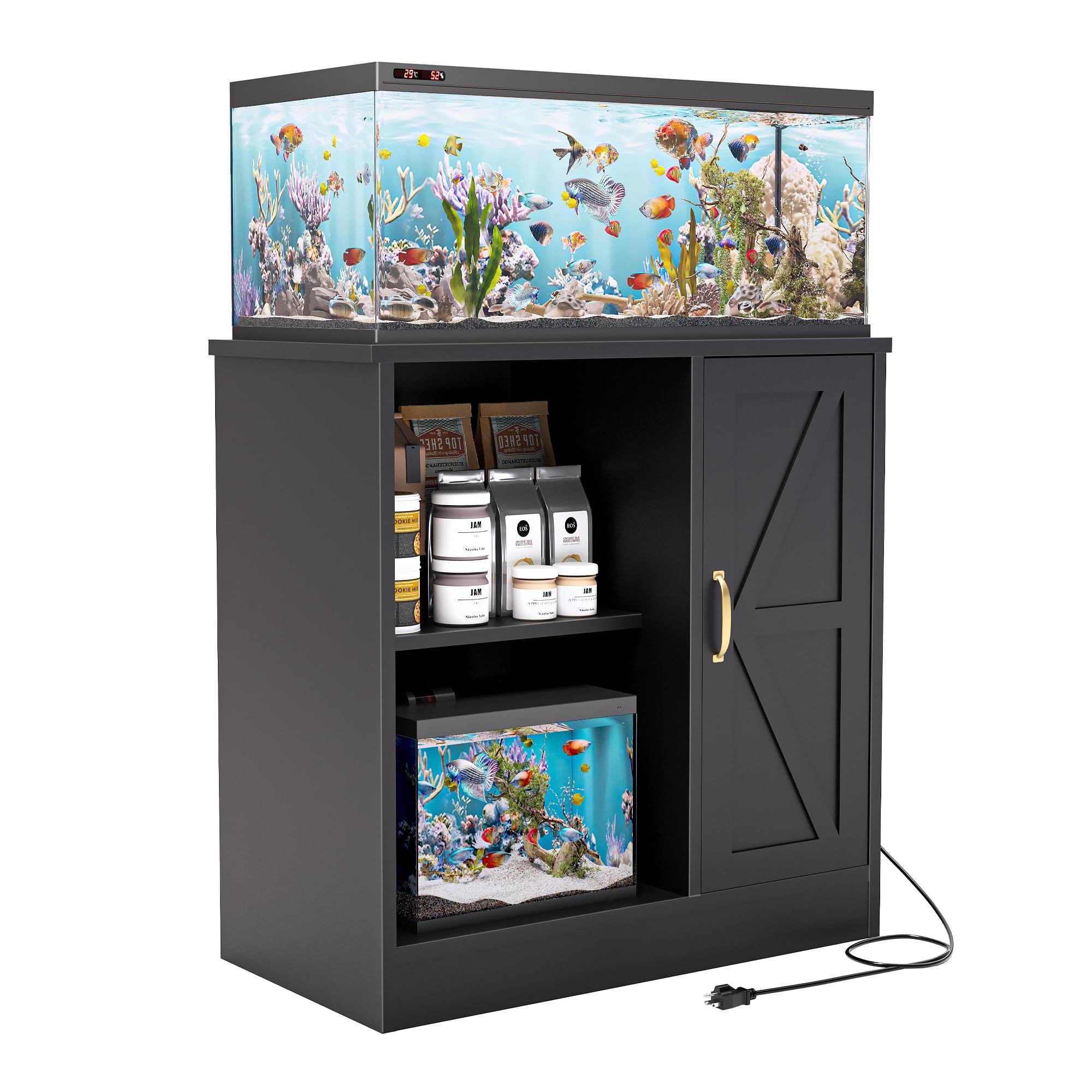 20-29 Gallon Fish Tank Stand, Heavy Duty Aquarium Stand with Power Outlet and Storage Cabinet, Wooden Terrarium Stand for Reptile,Turtle, 31.5" L x 15.7" W x 31.5" H, 500LBs, Black HFT001B