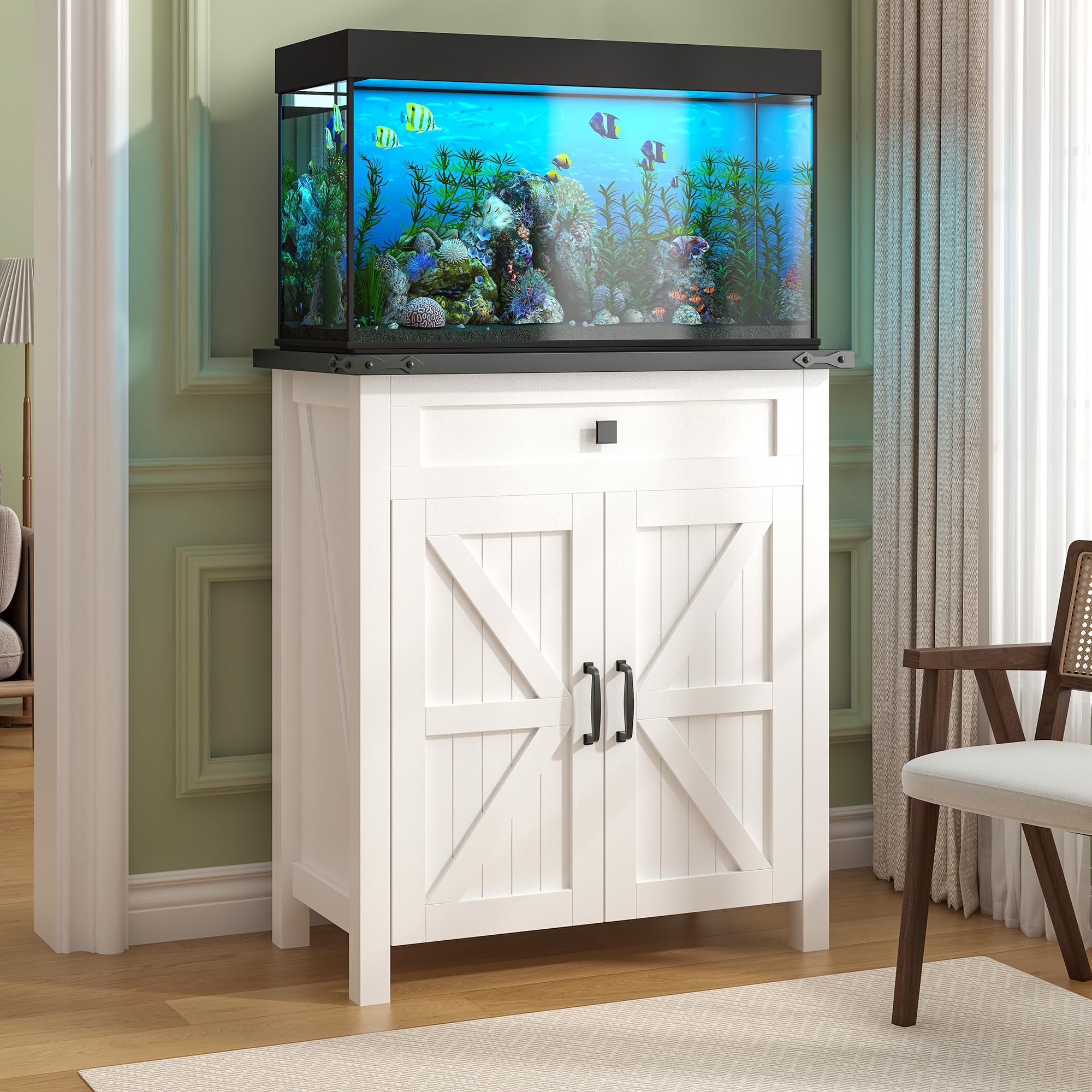 Suadism 20-29 Gallon Aquarium Stand With Charging Station, Farmhouse Fish Tank Stand, Reptile Tank Stand Terrarium Stand with Drawer and Cabinet Storage, Sturdy Heavy Duty 27.6"×15.7" Tabletop - White