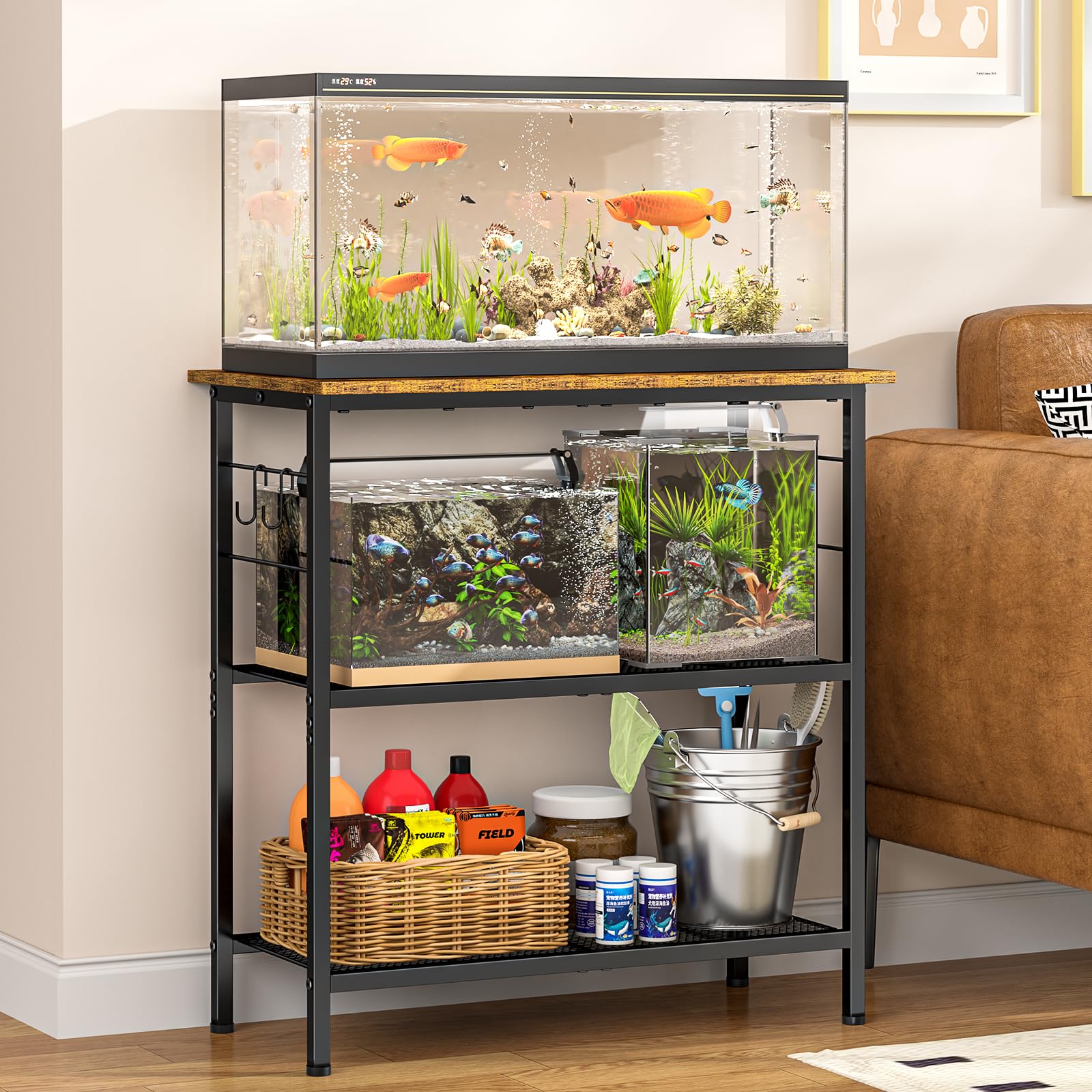 ThreeHio 20 Gallon Fish Tank Stand, 3 Tier Aquarium Stand with Movable Hooks, 28.5" L* 15.74" W Tabletop, Heavy Duty Terrarium Stand with Storage Shelf, Storage Table Shelf Rack Organizer for Kitchen, Living Room, Office, Balcony
