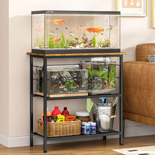 ThreeHio 20 Gallon Fish Tank Stand, 3 Tier Aquarium Stand with Movable Hooks, 28.5" L* 15.74" W Tabletop, Heavy Duty Terrarium Stand with Storage Shelf, Storage Table Shelf Rack Organizer for Kitchen, Living Room, Office, Balcony
