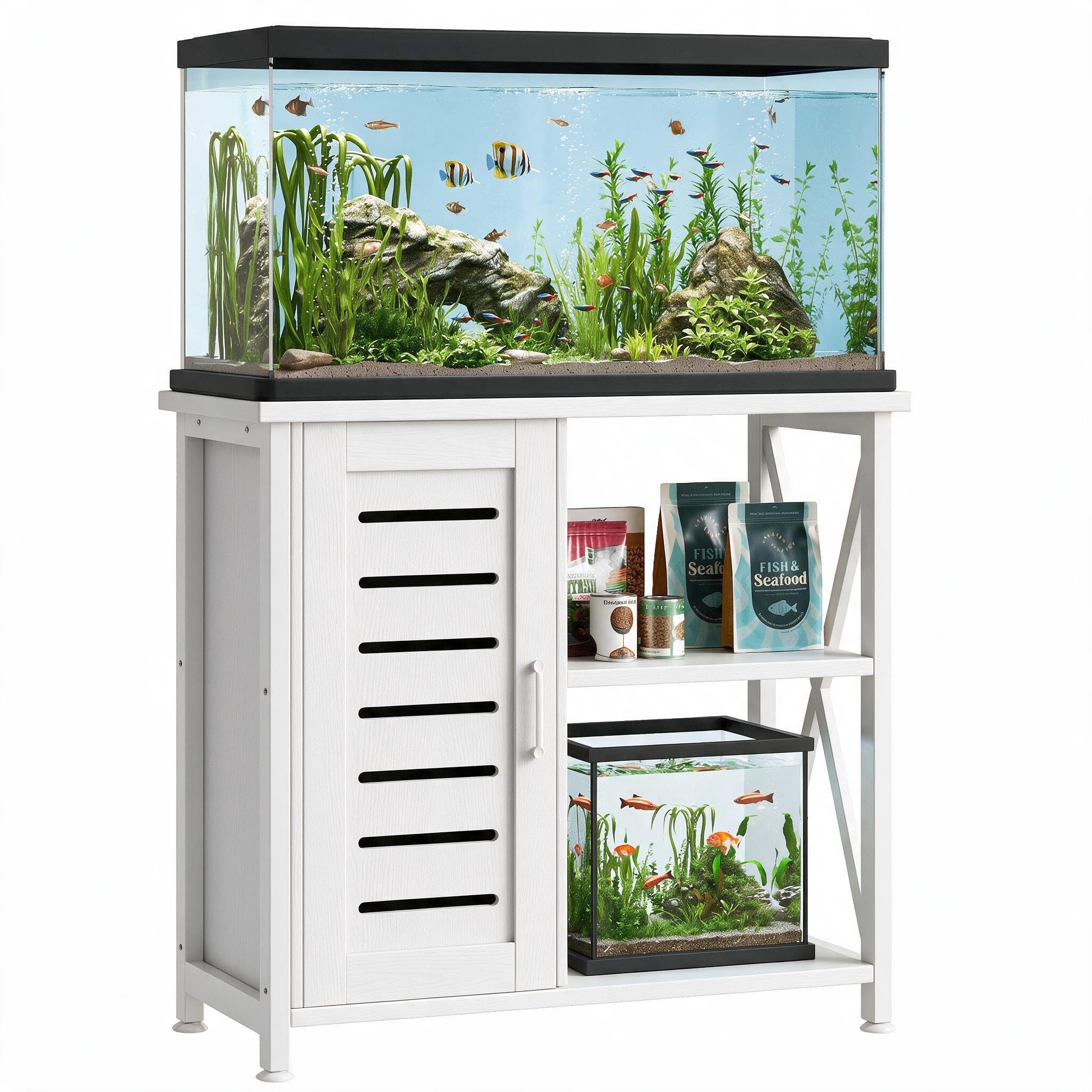 Herture 20-29 Gallon Fish Tank Stand, Aquarium Stand with Cabinet Accessories Storage, Heavy Duty Metal Frame, 31.49" L*15.74" W Tabletop, 330LBS Capacity,White PG07YGW