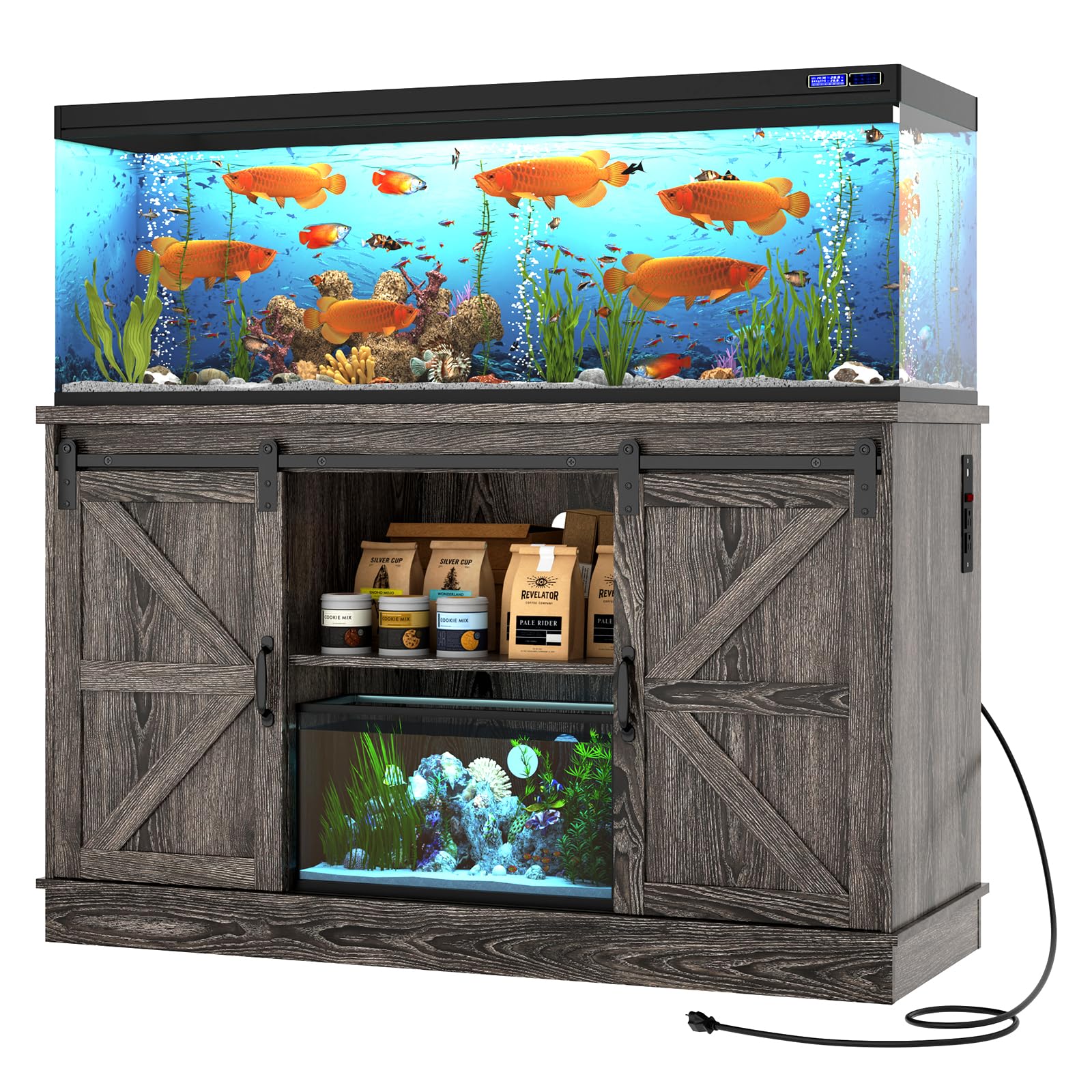 Hlivelood Farmhouse 55-75 Gallon Fish Tank Stand with Power Outlet, Aquarium Stand w/Cabinet&Sliding Barn Door, Heavy Duty Reptile Tank Stand for Fish/Turtle/Reptile Terrarium, 1000LB Capacity, Grey