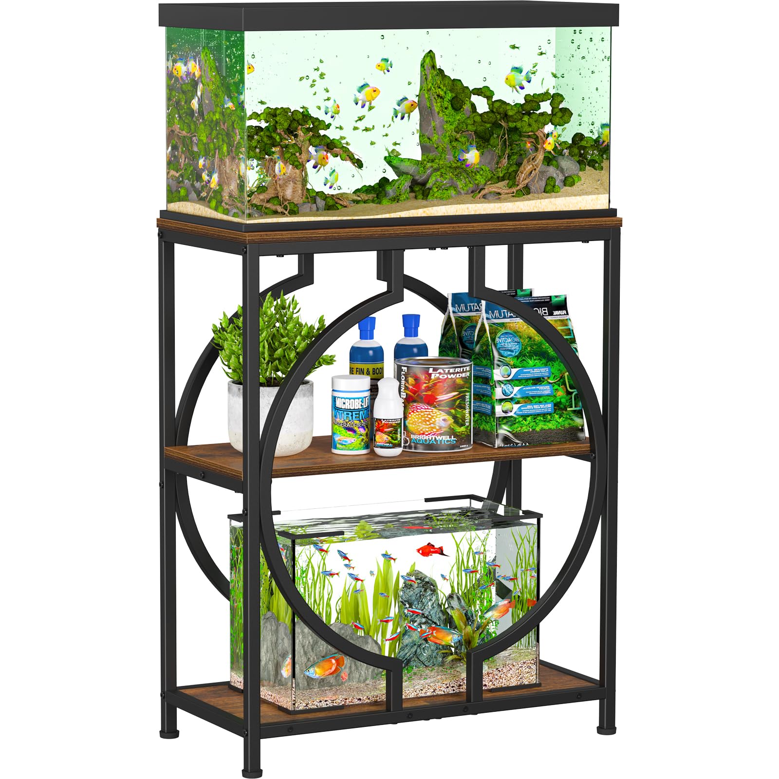 Snughome 20 Gallon Fish Tank Stand, Aquarium Stand with 3 Tier Storage, Heavy Duty Metal Terrarium Stand for Home Office, 24.02" x 11.81" x 30.51", Rustic Brown
