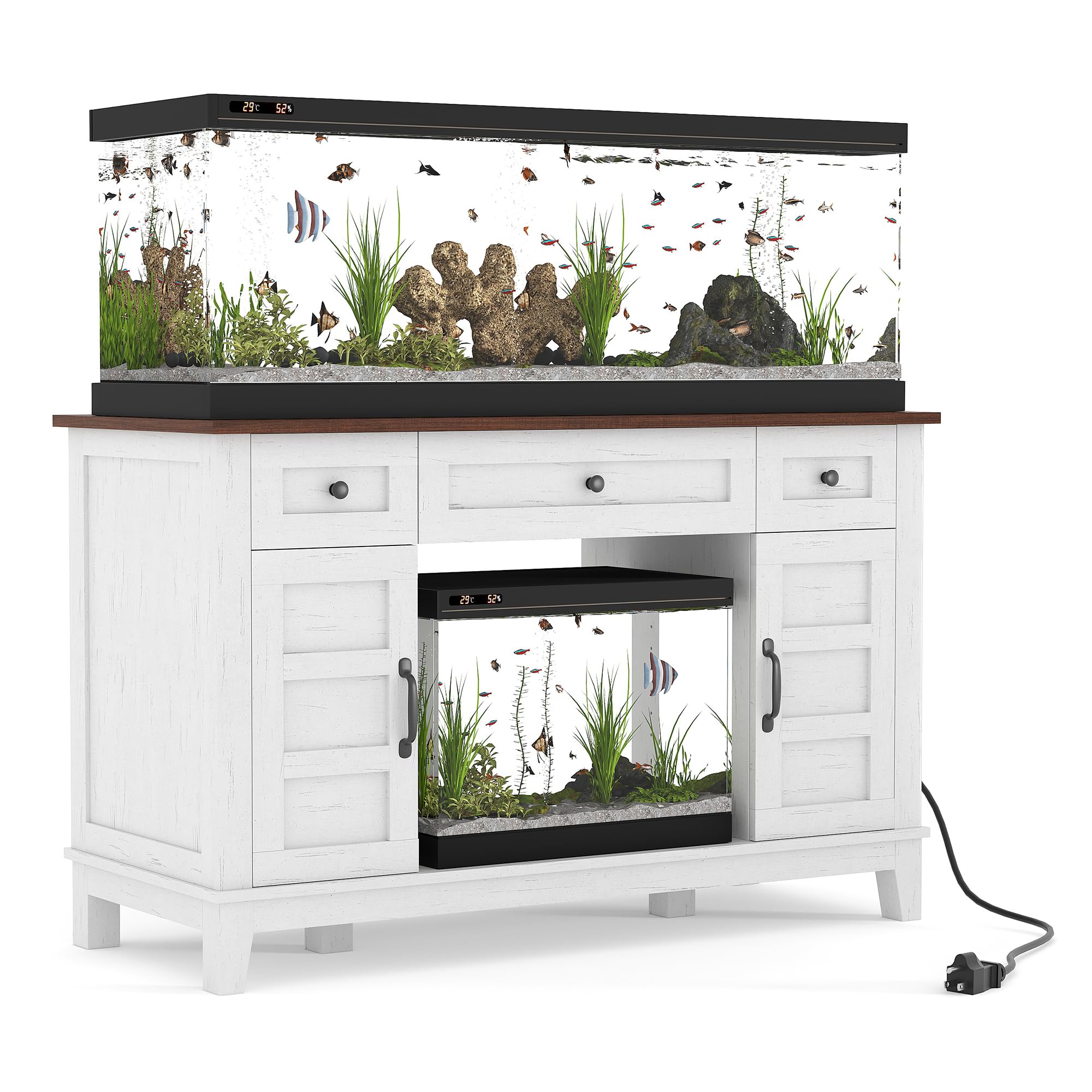 TrailBlaze Farmhouse Aquarium Stand Set – Fits 55-75 Gallon Tanks – Heavy Duty 1400LBS – Double Door & Drawer Storage – Power Outlet