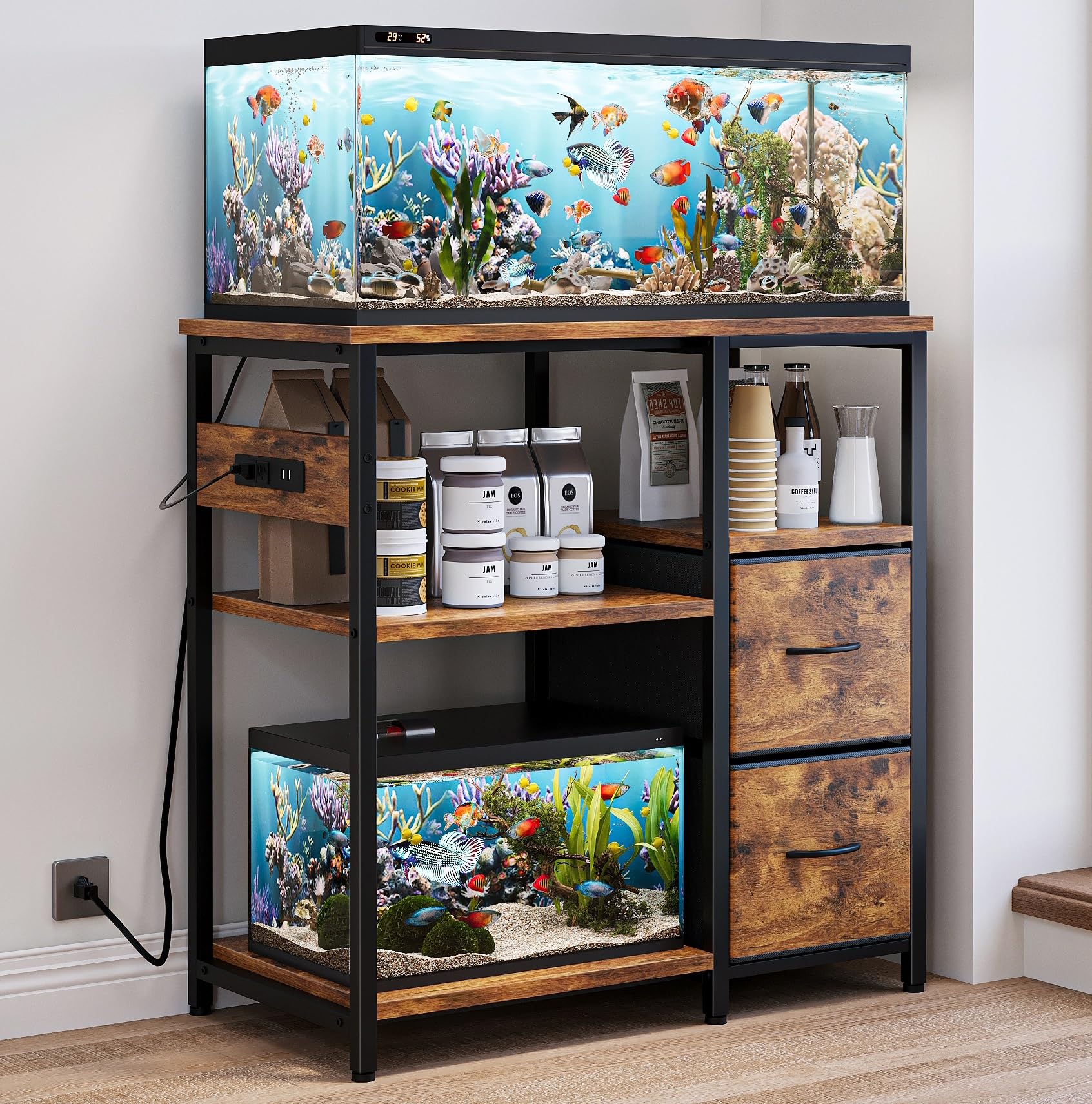20-29 Gallon Fish Tank Stand, 3-Tier Aquarium Stand with Drawer and Power Outlet, Heavy Duty Terrarium Stand for Reptile,Turtle, 31.5" L x 15.7" W x 31.5" H, 500LBs, Rustic Brown HFT002SR