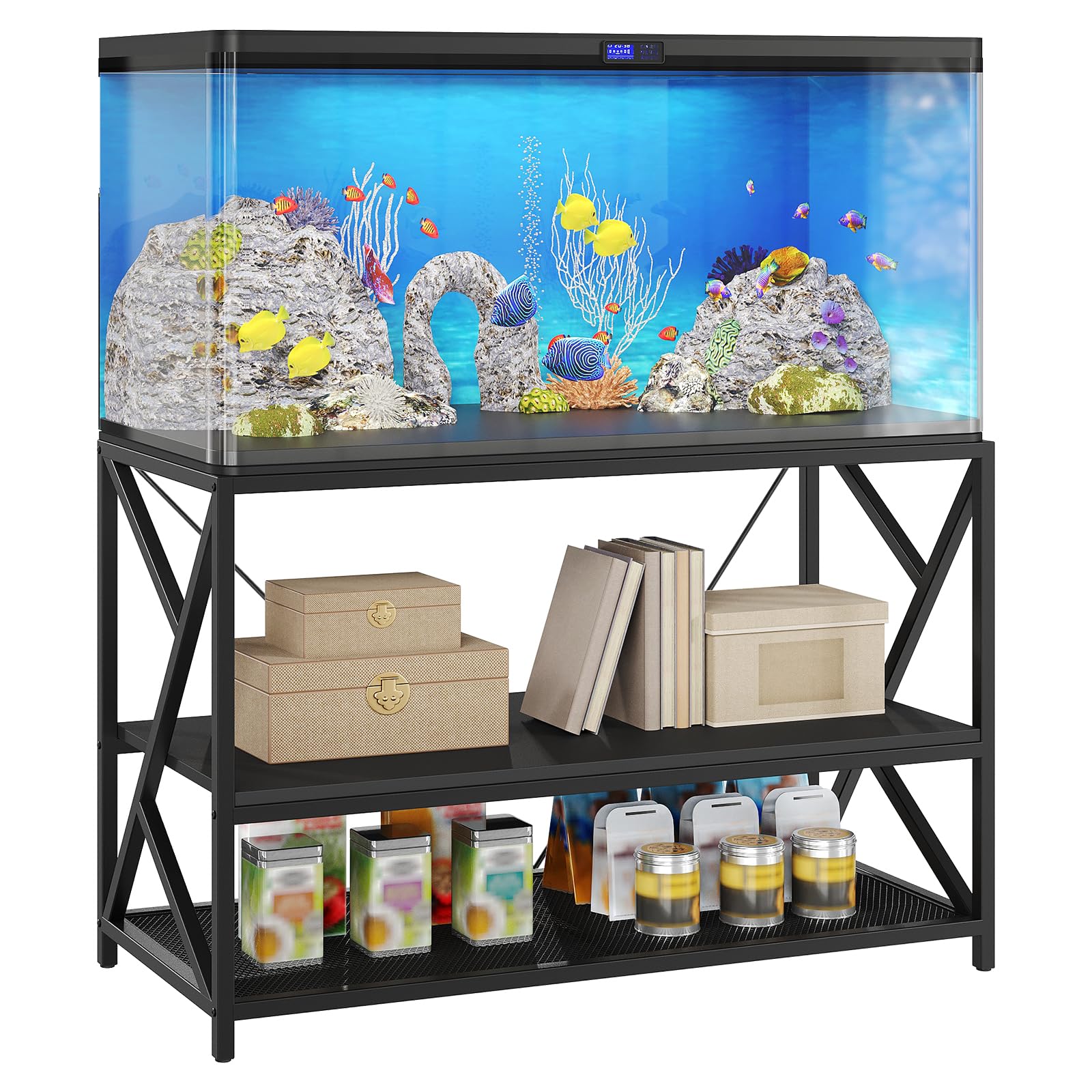 55-75 Gallon Fish Tank Stand with 3-Tier Storage Shelf, Metal Aquarium Stand for Reptile Terrarium Turtle and Breeder Tank Stand, Heavy Duty Metal Frame, Black
