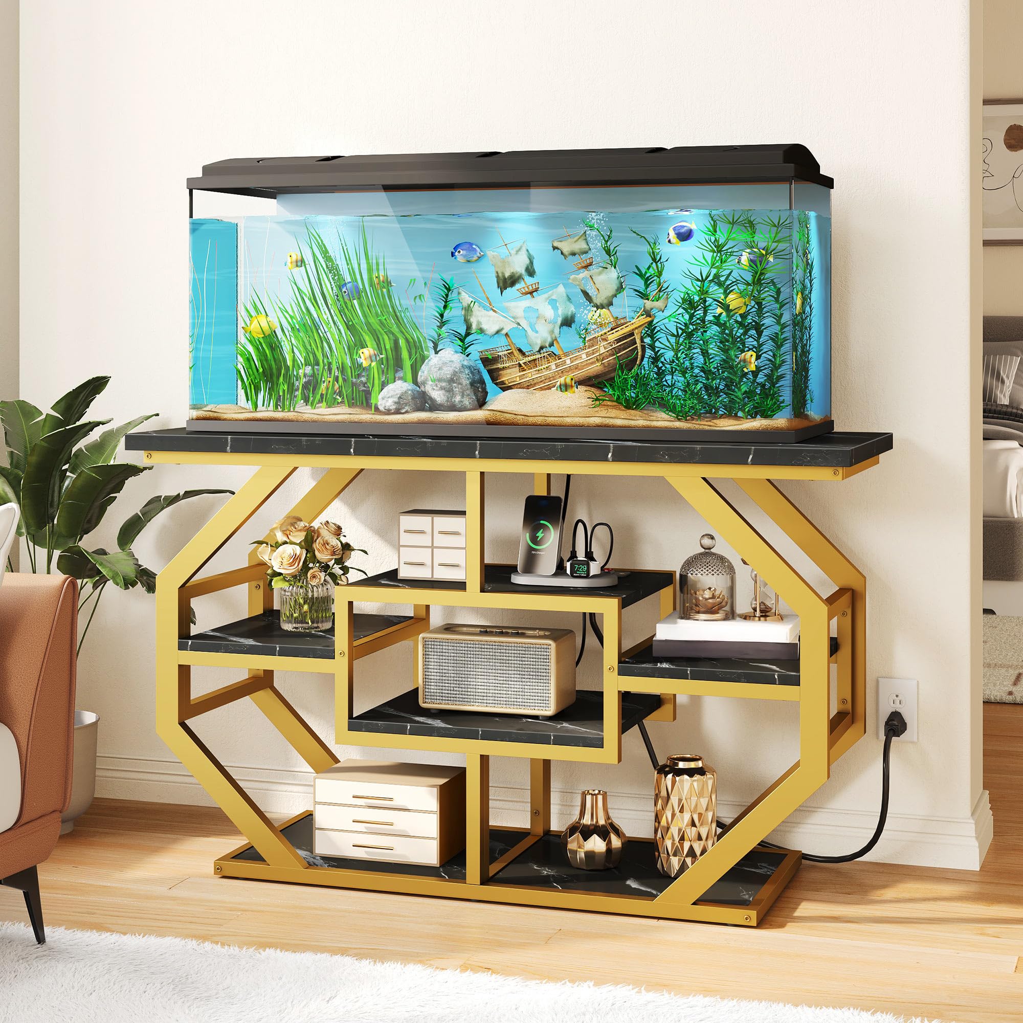 DWVO 55-75 Gallon Aquarium Stand with Power Outlet,Black & Gold