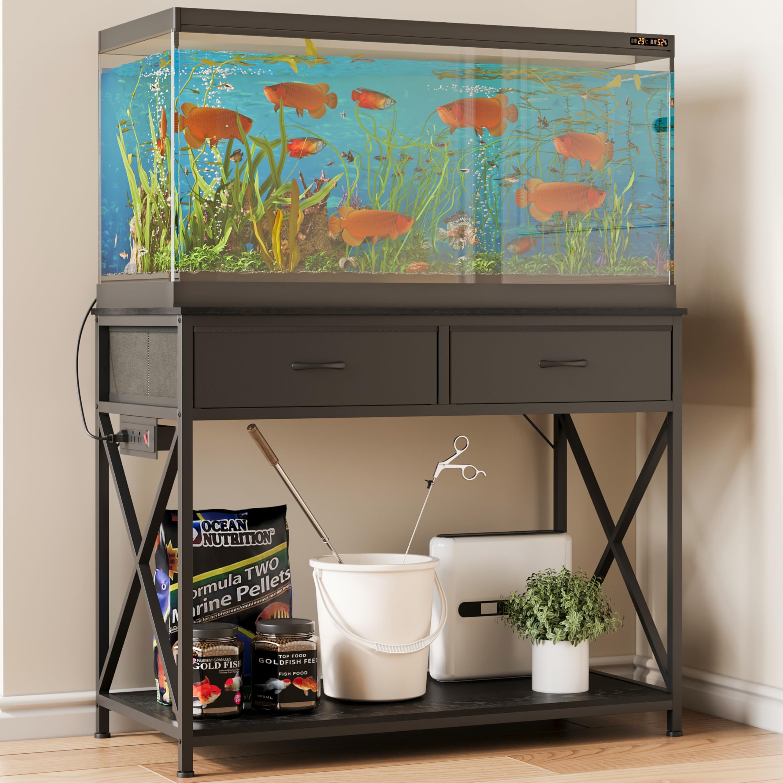 40-50 Gallon Fish Tank Stand，Aquarium Holder with Power Outlet and 2 Drawers，Heavy Duty Breeder Turtle Terrarium Stand Suitable for Turtle Tank, Reptile Terrarium, for Home Office (Black)