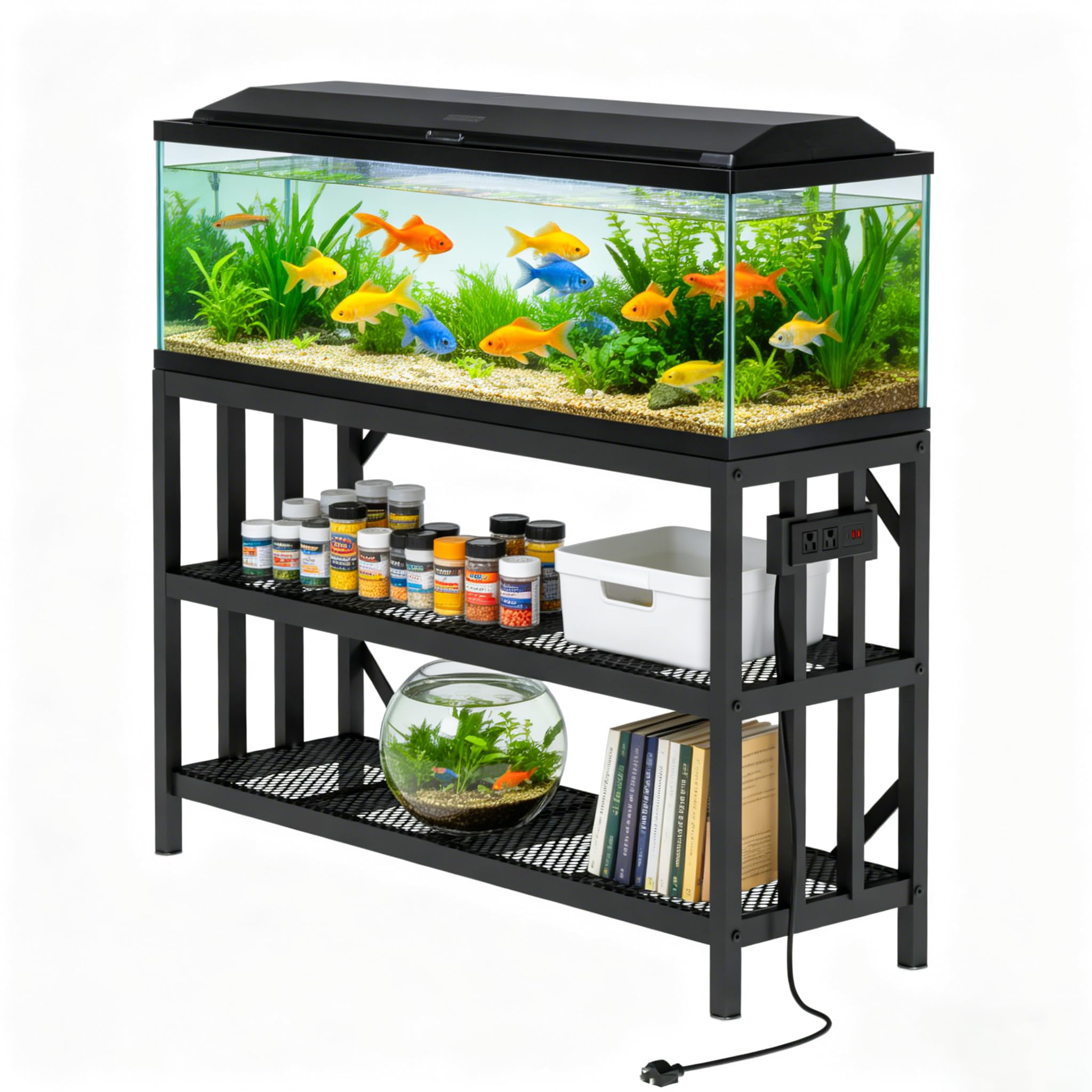 55-75 Gallon Fish Tank Stand with Power Outlet, Heavy Duty Metal Aquarium Stand, 3-Tier Adjustable Storage Shelf for Home and Office, 1000LBS Capacity, Black (Tank not Included)