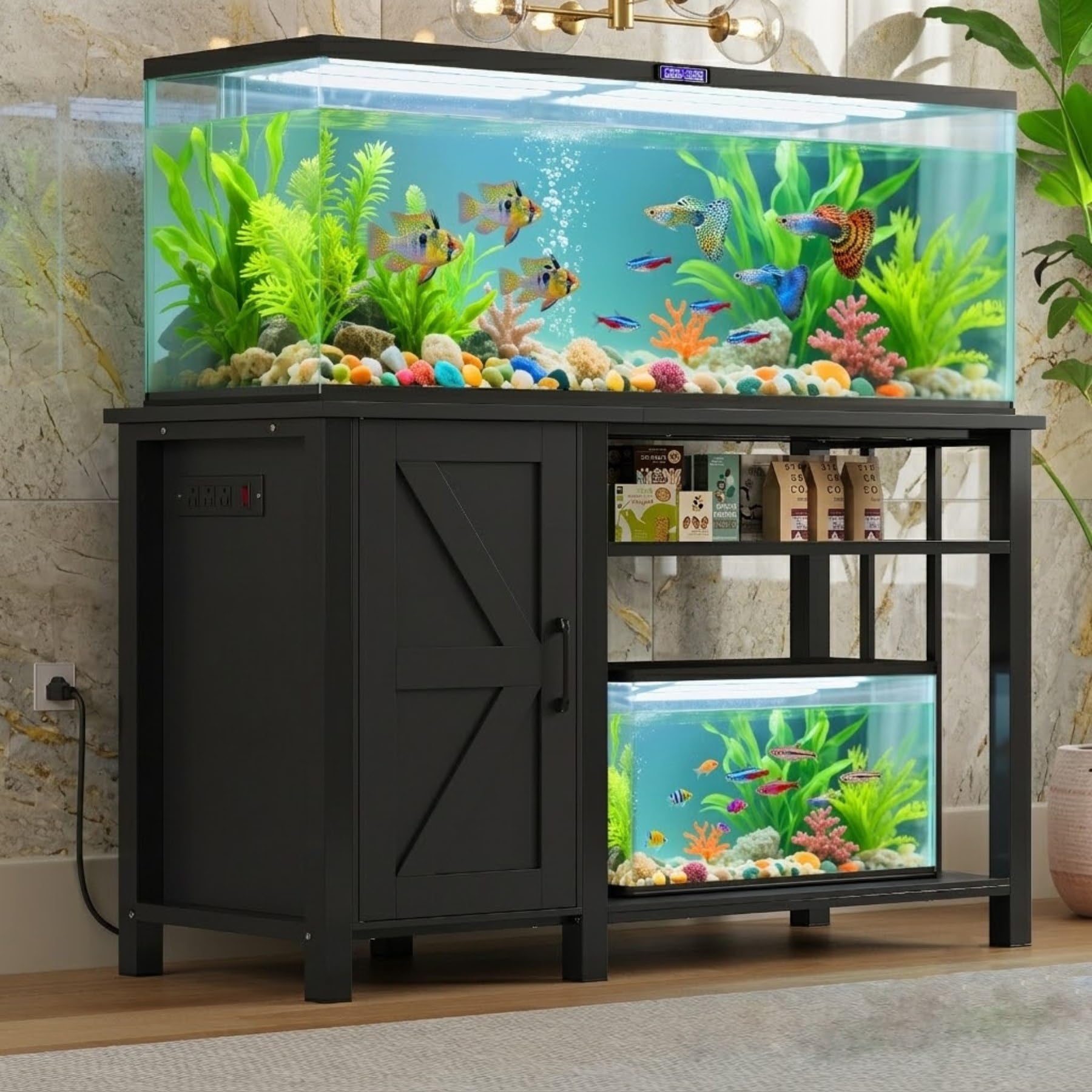 55-75 Gallon Aquarium Stand Farmhouse Fish Tank Stand with Power Outlet Heavy Duty Tank Stand with Adjustable Shelf for Fish Tank, Turtle Tank, Reptile Terrarium, 1000LBS Capacity, Black