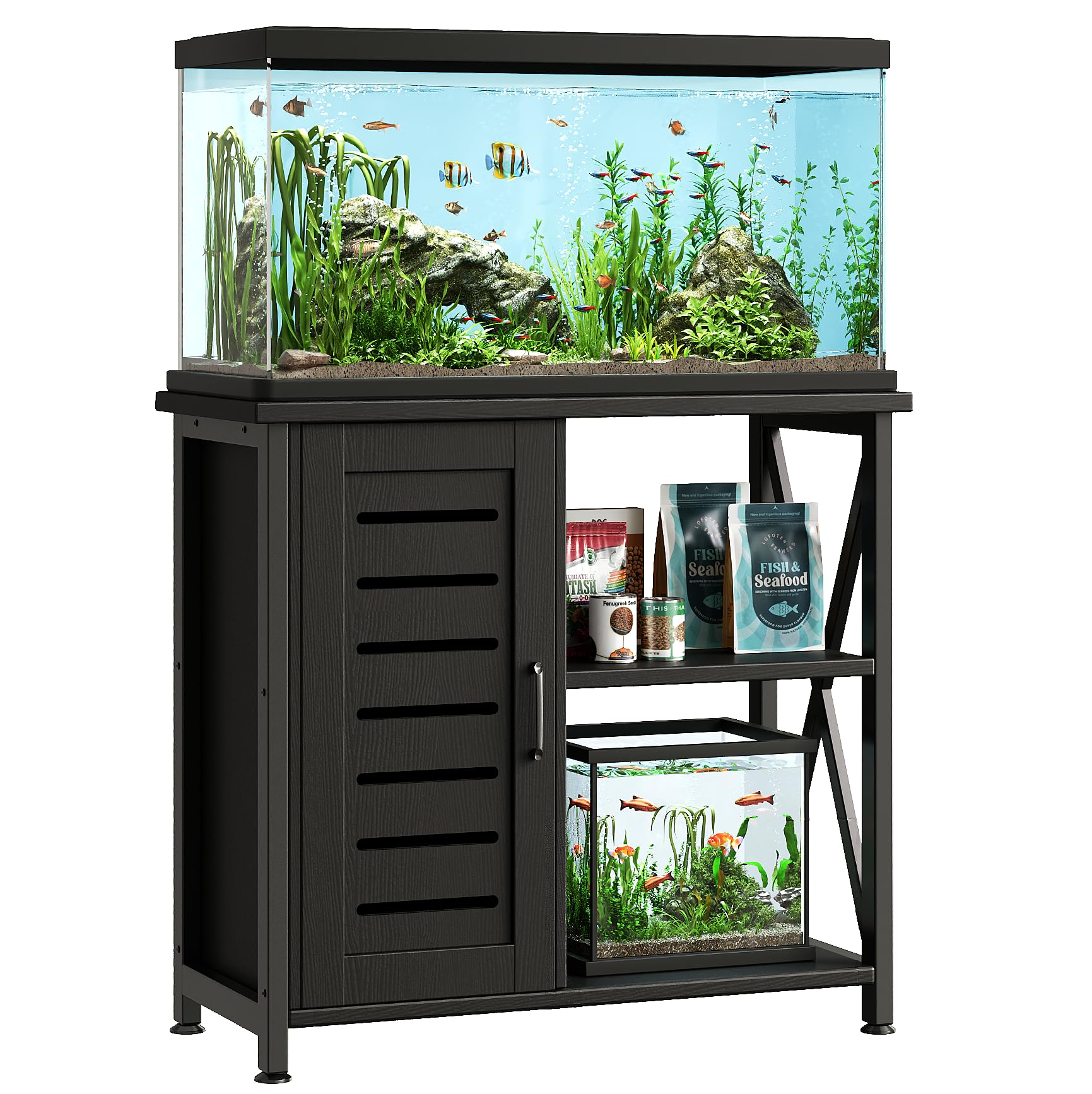 Herture 20-29 Gallon Fish Tank Stand, Aquarium Stand with Cabinet Accessories Storage, Heavy Duty Metal Frame, 31.49" L*15.74" W Tabletop, 330LBS Capacity, Black PG07YGB