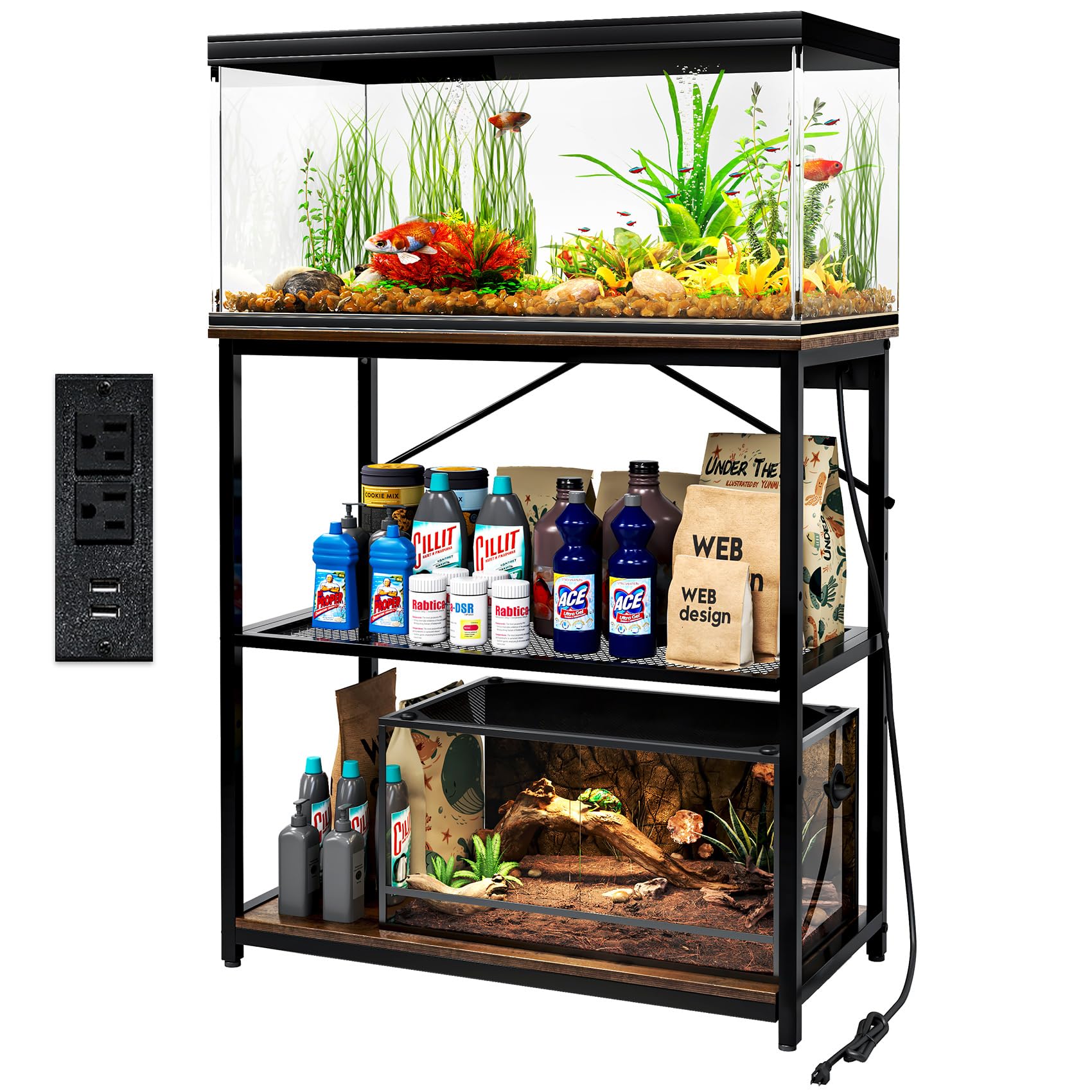 TC-HOMENY Fish Tank Stand 10/20/29/37 Gallon, Aquarium Stand with Charging Station,1000LB Capacity ,31" L x 16" W Metal Reptile Tank Stand, Double Storage Design Adjustable Boards, Brown(Tank not Included)