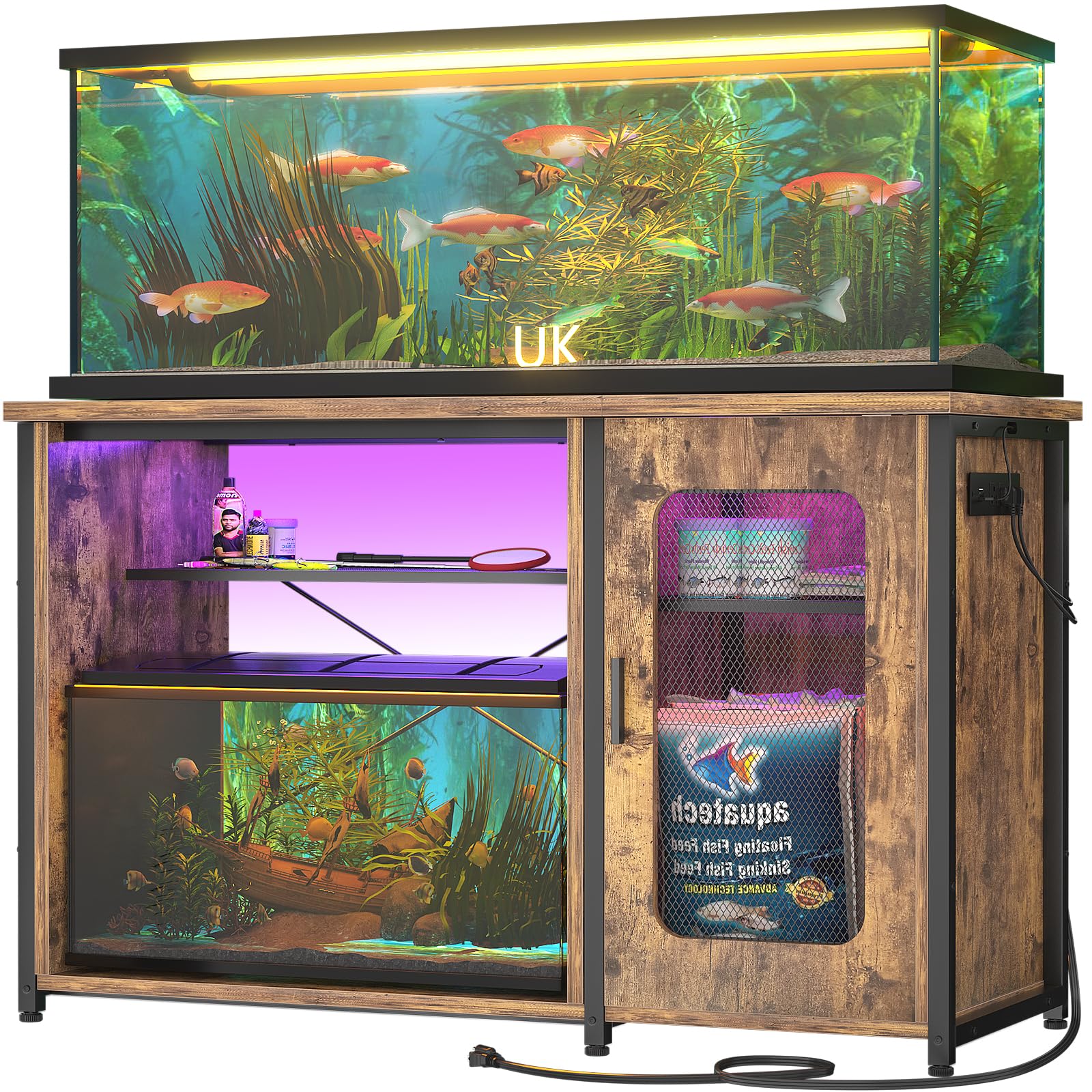 Unikito 55-75 Gallon Aquarium Stand with Power Outlet & LED, Rustic Brown