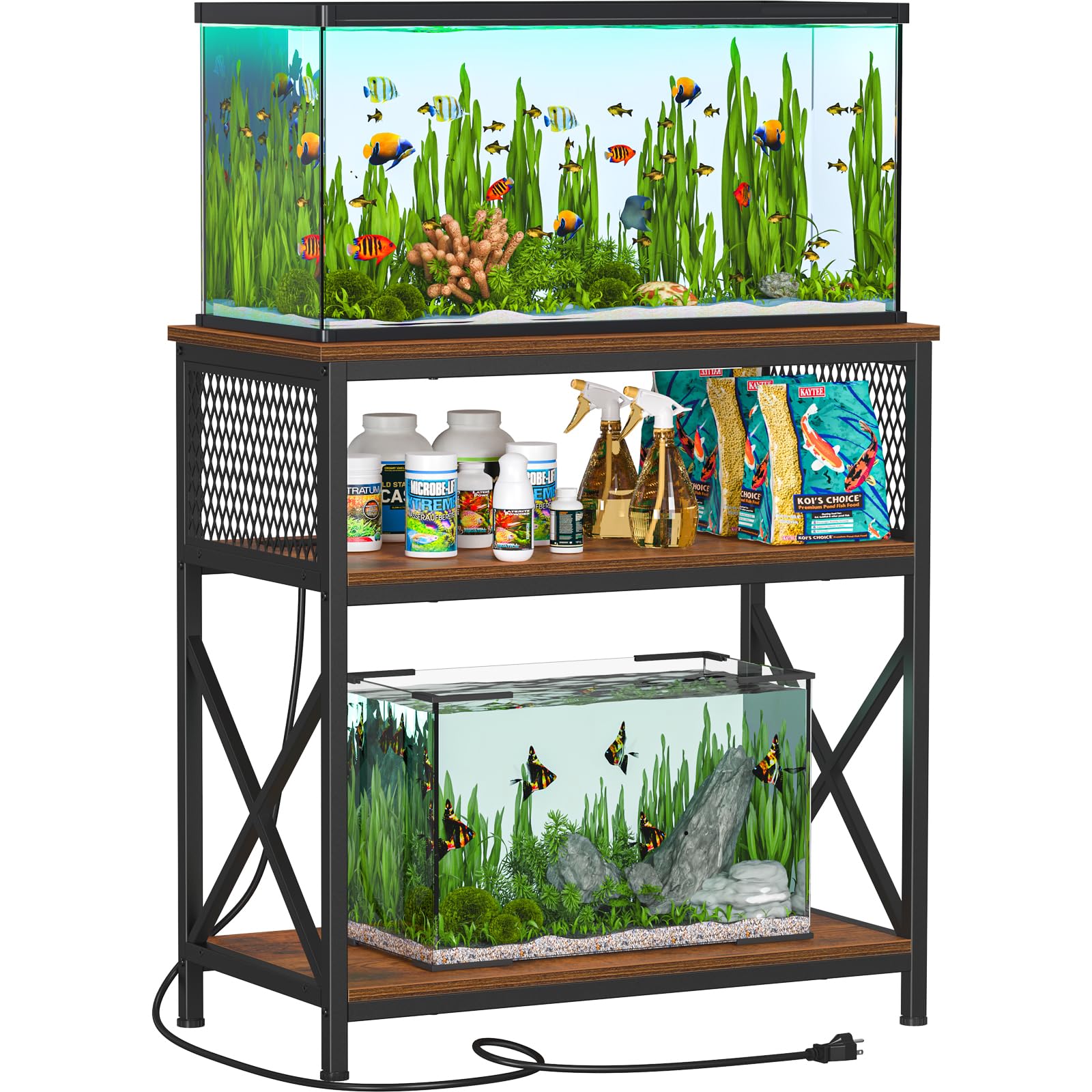 Snughome 29 Gallon Aquarium Stand with Charging Station, Heavy Duty Fish Tank Stand with Storage Cabinet, Metal Aquarium Stand Fits 20 Long, 29 & 30 Gallon Tanks, 350 LBS Capacity, Rustic Brown