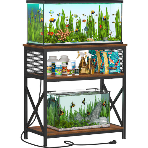 Snughome 29 Gallon Aquarium Stand with Charging Station, Heavy Duty Fish Tank Stand with Storage Cabinet, Metal Aquarium Stand Fits 20 Long, 29 & 30 Gallon Tanks, 350 LBS Capacity, Rustic Brown