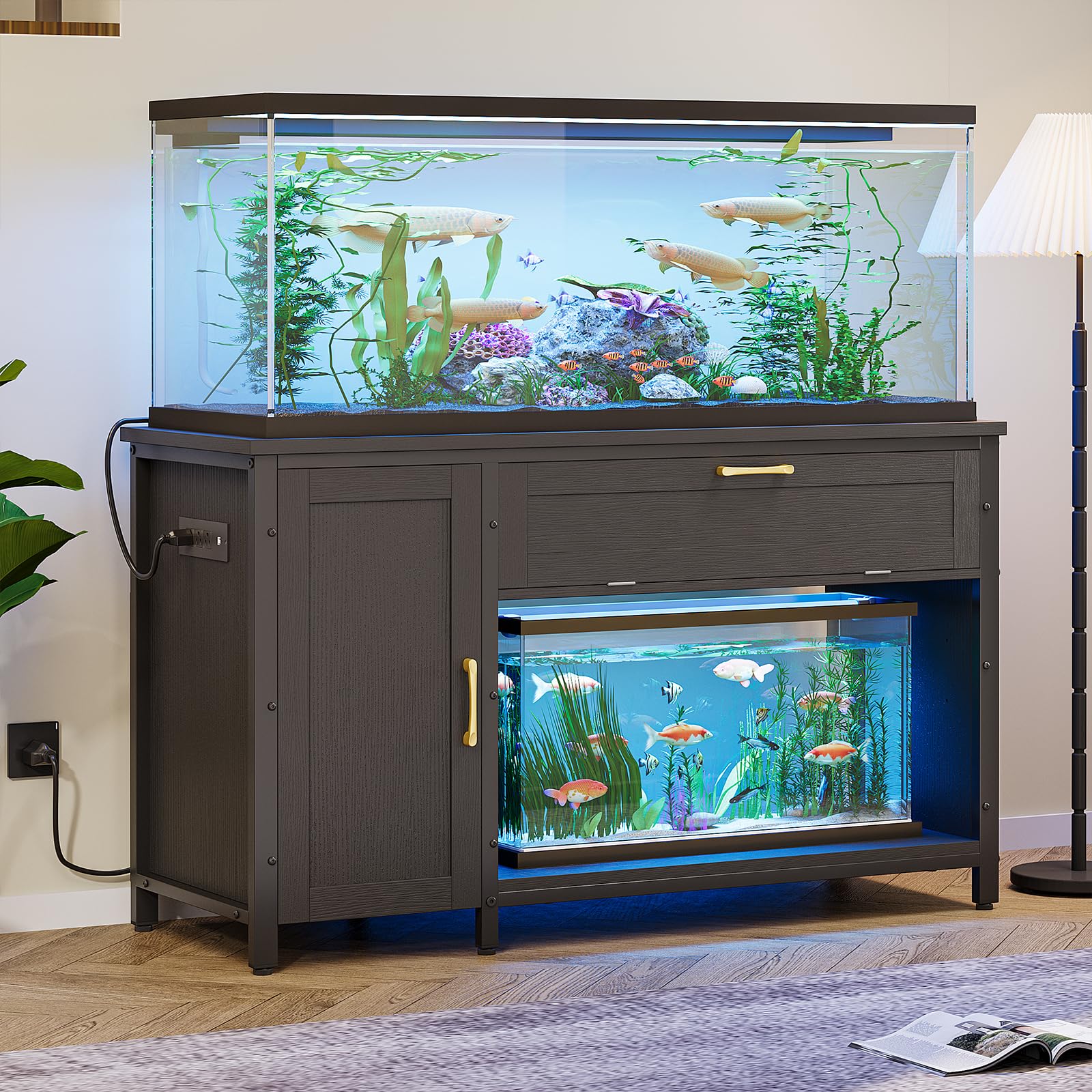 Bestier 55-75 Gal Fish Tank Stand Cabinet with Power Outlet & LED, Black
