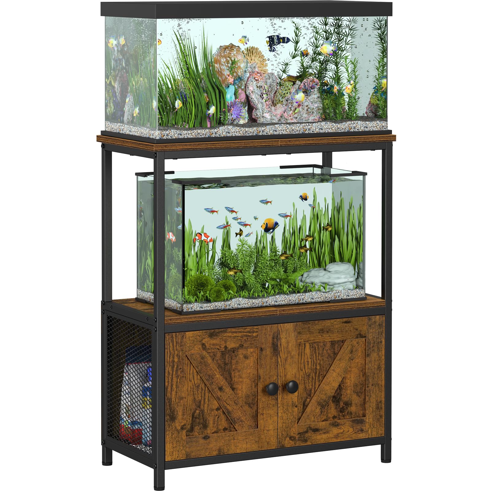 Snughome 10 Gallon Fish Tank Stand with Cabinet Storage, Rustic Wood Grain Aquarium Stand with Heavy Duty Metal Frame, Space Saving Fish Tank Table for Home, Bedroom, Living Room and Office