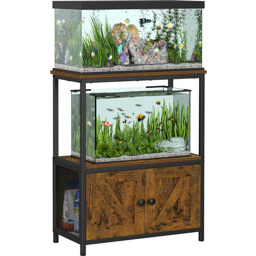 Snughome 10 Gallon Fish Tank Stand with Cabinet Storage, Rustic Wood Grain Aquarium Stand with Heavy Duty Metal Frame, Space Saving Fish Tank Table for Home, Bedroom, Living Room and Office