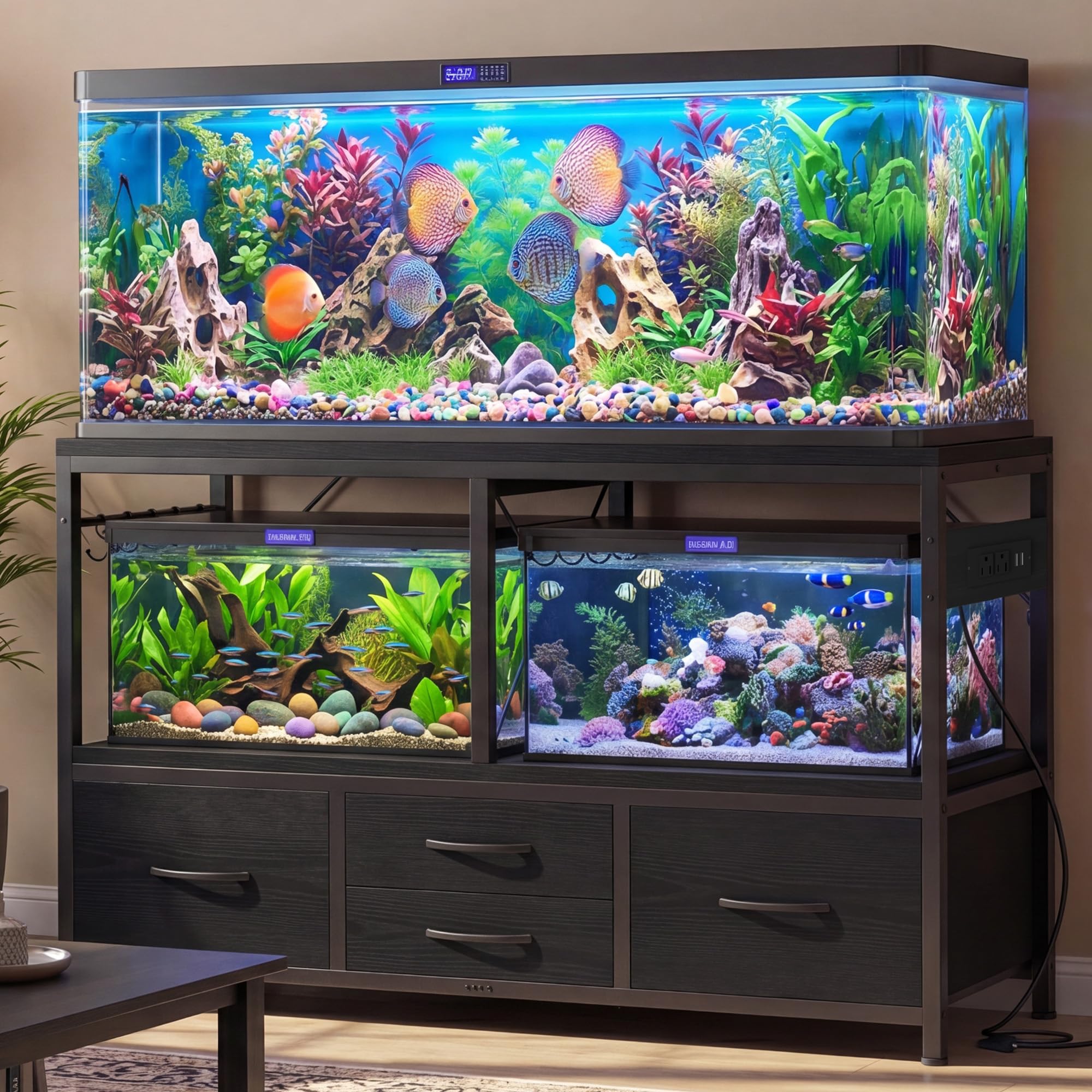 Heybly 55-75 Gal Fish Tank Stand with Drawer, Power Outlet, Black HAS005BK