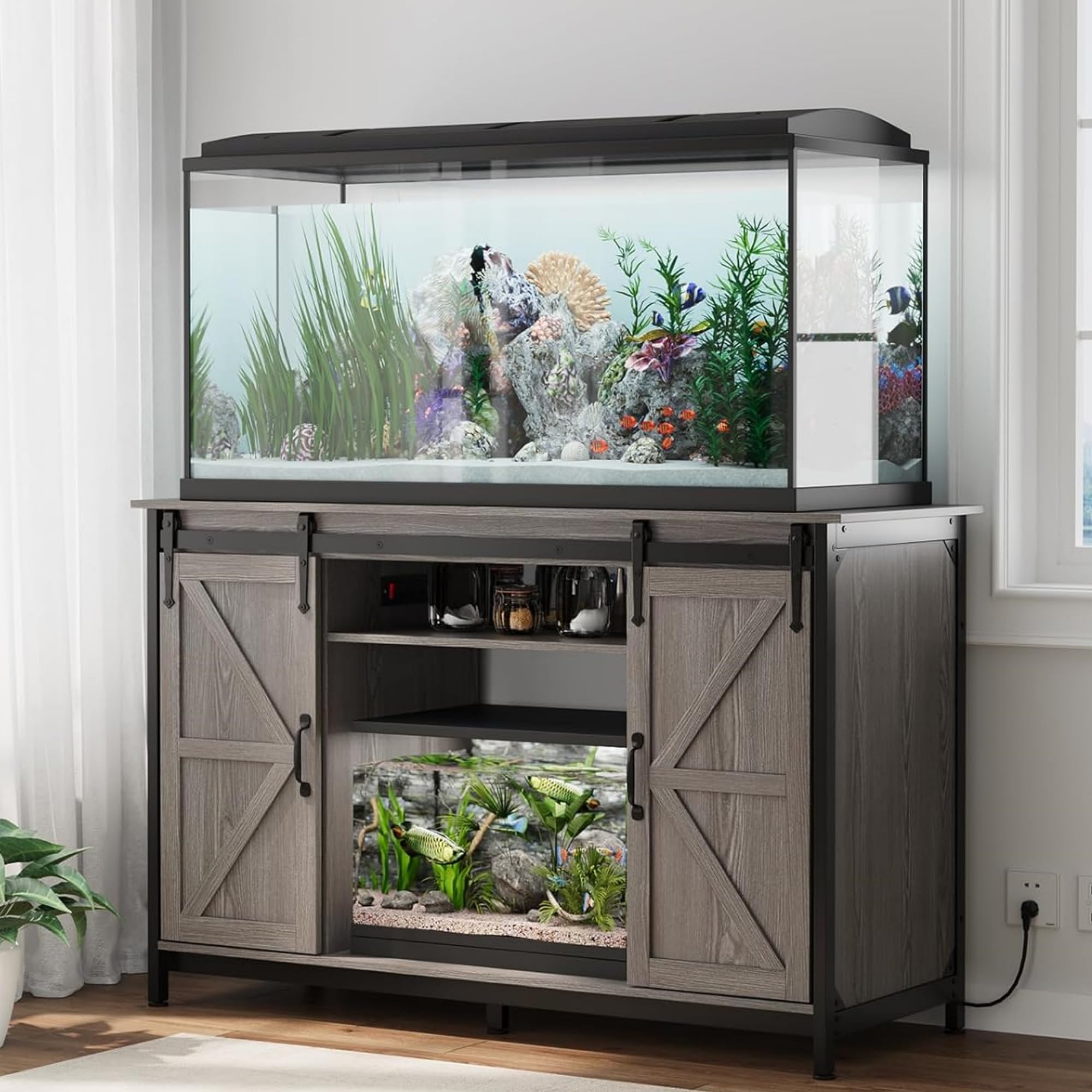 VOWNER Farmhouse 55-75 Gallon Fish Tank Stand with Power Outlet, Grey