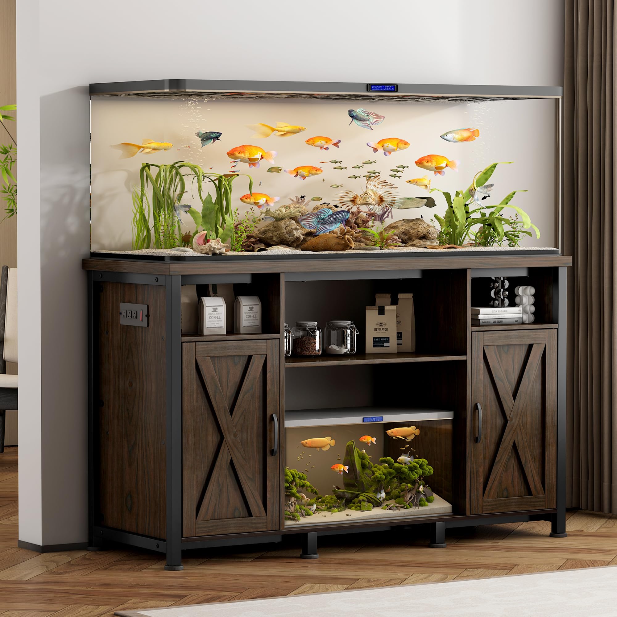 55-90 Gallon Fish Tank Stand with Power Outlets, Aquarium Stand with Cabinet, Heavy Duty Reptile Tank Turtle Terrariums Table for Fish Tank Accessories Storage, 49.2" L x 18.9" W, 1000LBS Capacity