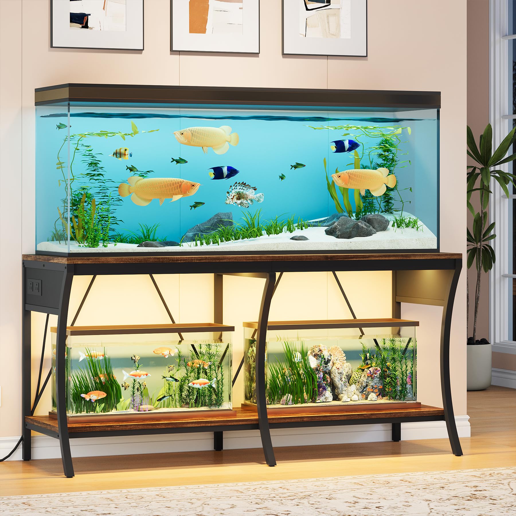 55-90 Gallon Fish Tank Stand with Power Outlets & LED Light Strip