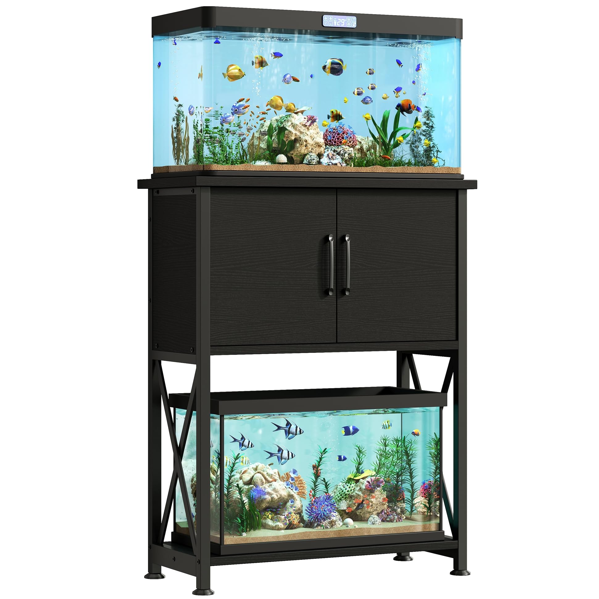 Herture 5-10 Gallon Fish Tank Stand, Metal Double Aquarium Stand with Cabinet for Fish Tank Accessories Storage, Heavy Duty 20.5" L* 11.02" W Tabletop, 500LBS Capacity Black PG06YGB