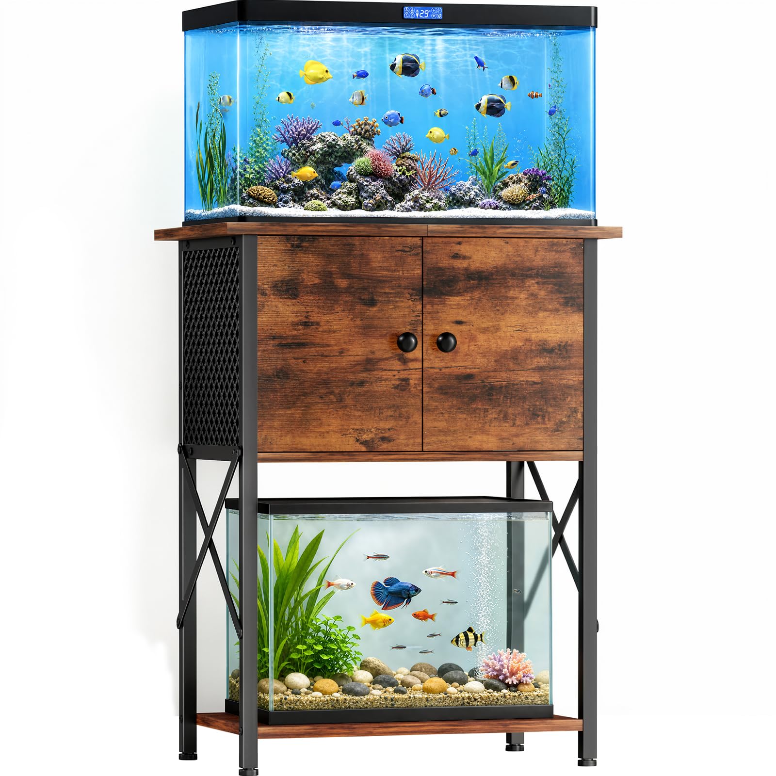 10 Gallon Fish Tank Stand with Storage Cabinet, Aquarium Stand with Rust-Proof Metal Frame, Heavy Duty Waterproof Reptile Turtle Tank Stand for Home Office Up to 260LBS, 21.3" L x 11.4" W x 30" H, Rustic Brown