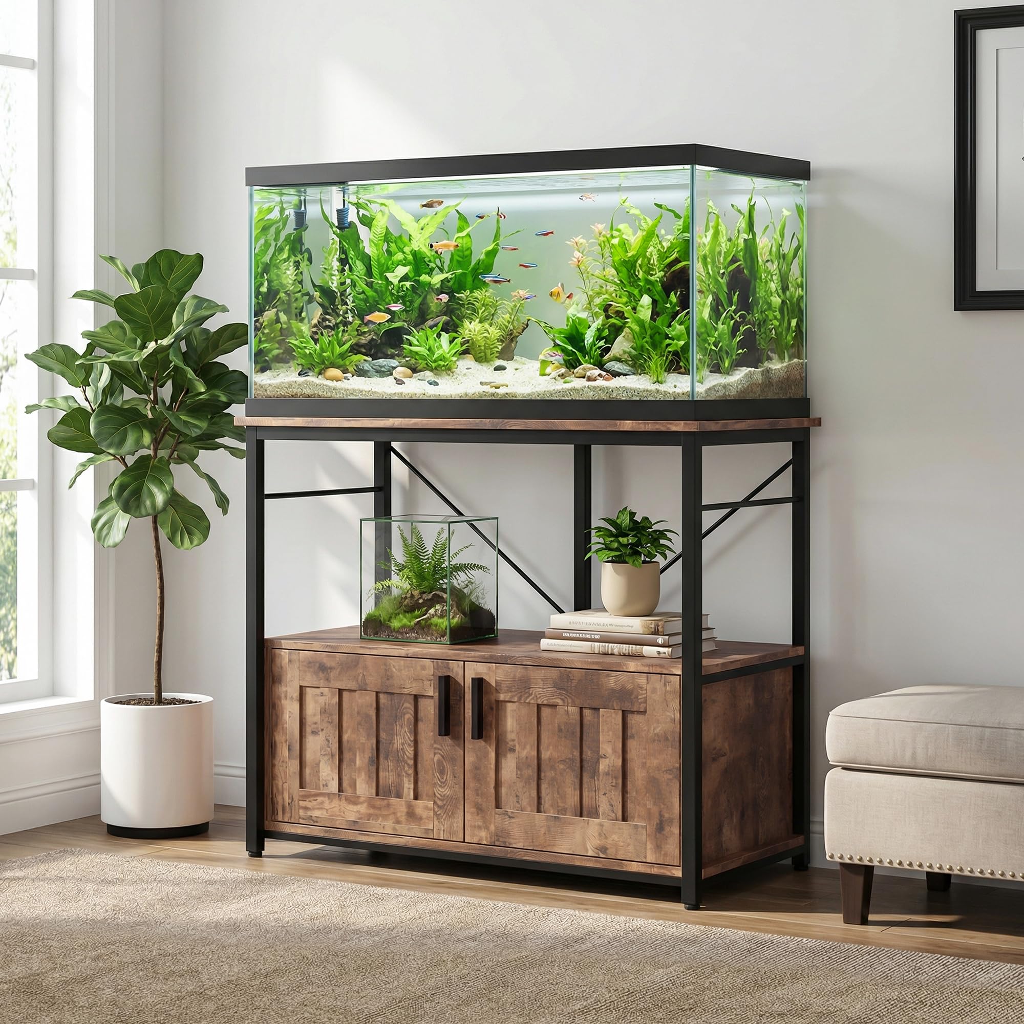 CABIHOME Aquarium Stand 40-50 Gallon High-Capacity, Double-Tier Fish Tank Stand with Metal Frame & Waterproof Storage, 660 Lbs Capacity, Adjustable Leveling Feet, Brown