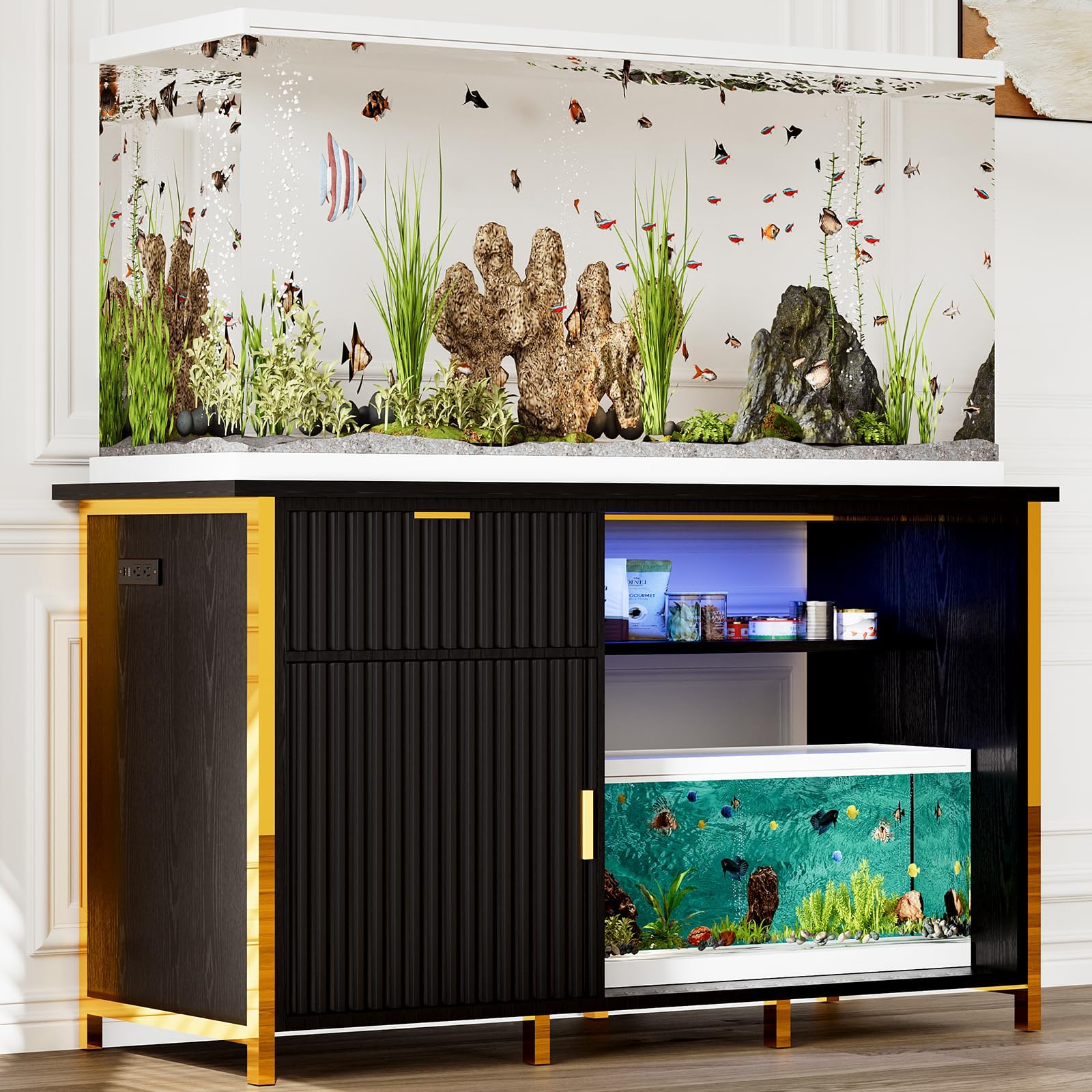 55 Gallon Fish Tank Stand with Power Outlets, Black and Gold Aquarium Stand