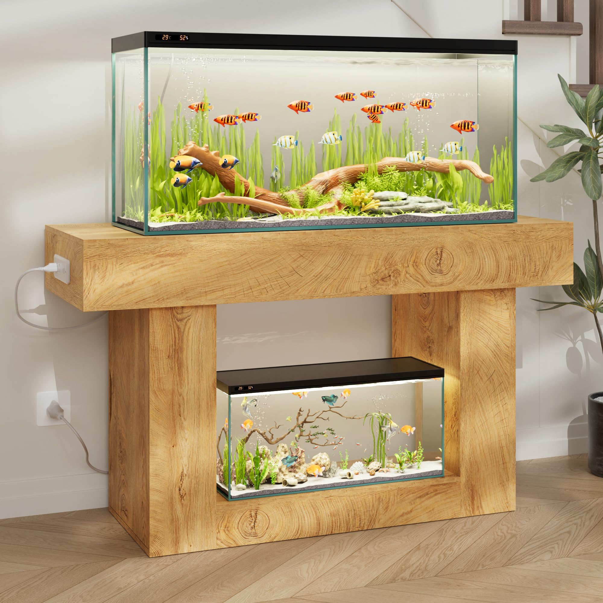 55–75 Gallon Aquarium Stand, Heavy-Duty 55 Inch Fish Tank Stand with Power Outlets, Drawer & Storage Cabinets, Farmhouse Entryway Tank Stand for Fish/Turtle/Reptile Terrarium