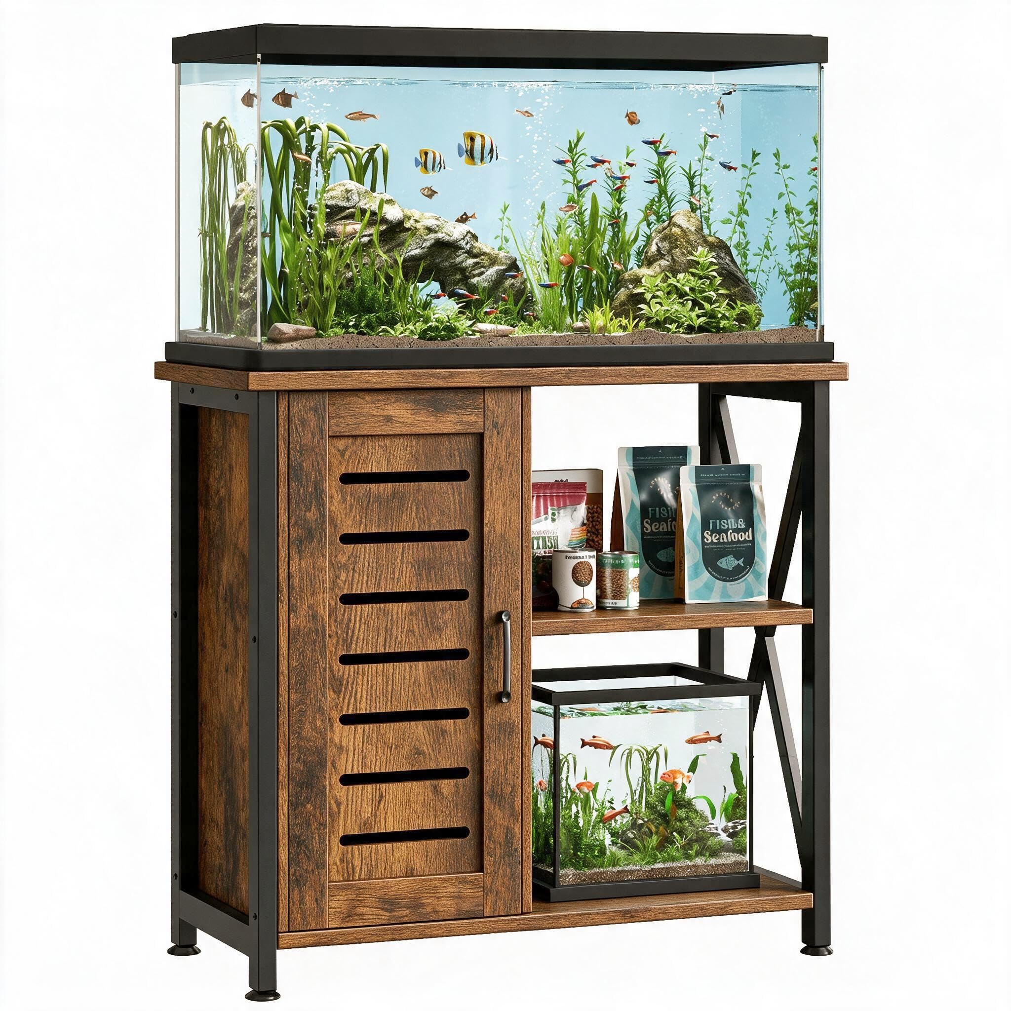 Herture 20-29 Gallon Fish Tank Stand, Aquarium Stand with Cabinet Accessories Storage, Heavy Duty Metal Frame, 31.49" L*15.74" W Tabletop, 330LBS Capacity, Rustic Brown PG07YGN
