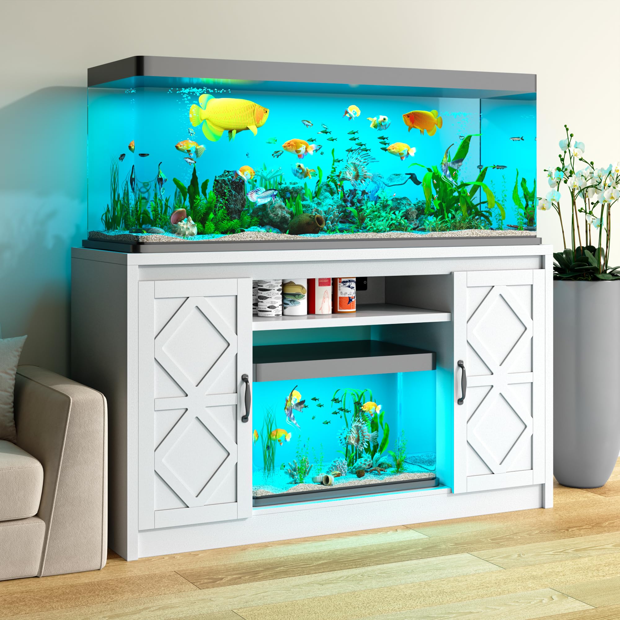 kepptory 55-90 Gallon Fish Tank Stand with Diamond Doors & Power Outlet, Heavy Duty Aquarium Stand with Cabinet Storage for Fish Tank, Turtle Tank Reptile Terrarium, 900LBS Capacity(White)